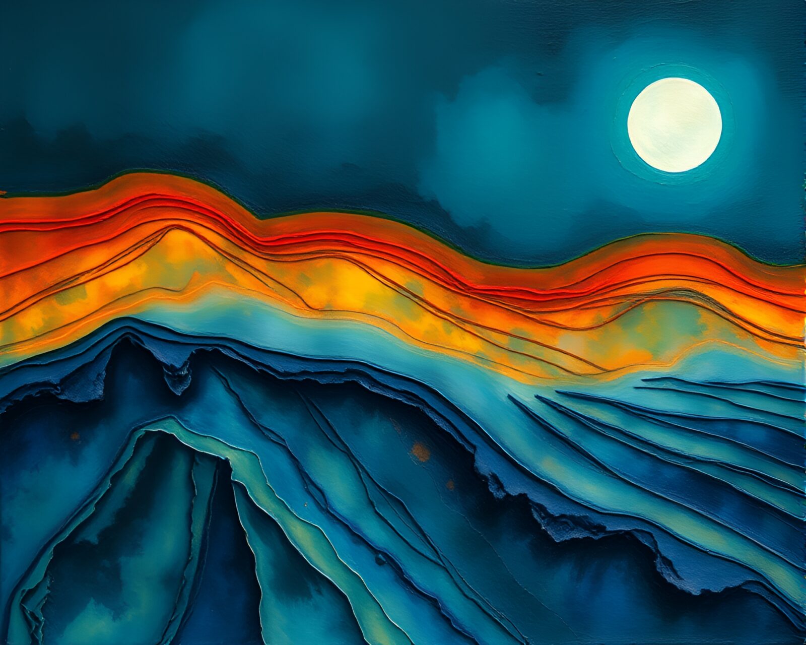 A vibrant watercolor painting of a scene from an Edgar Allan Poe book with neon glow and textured impasto ridges