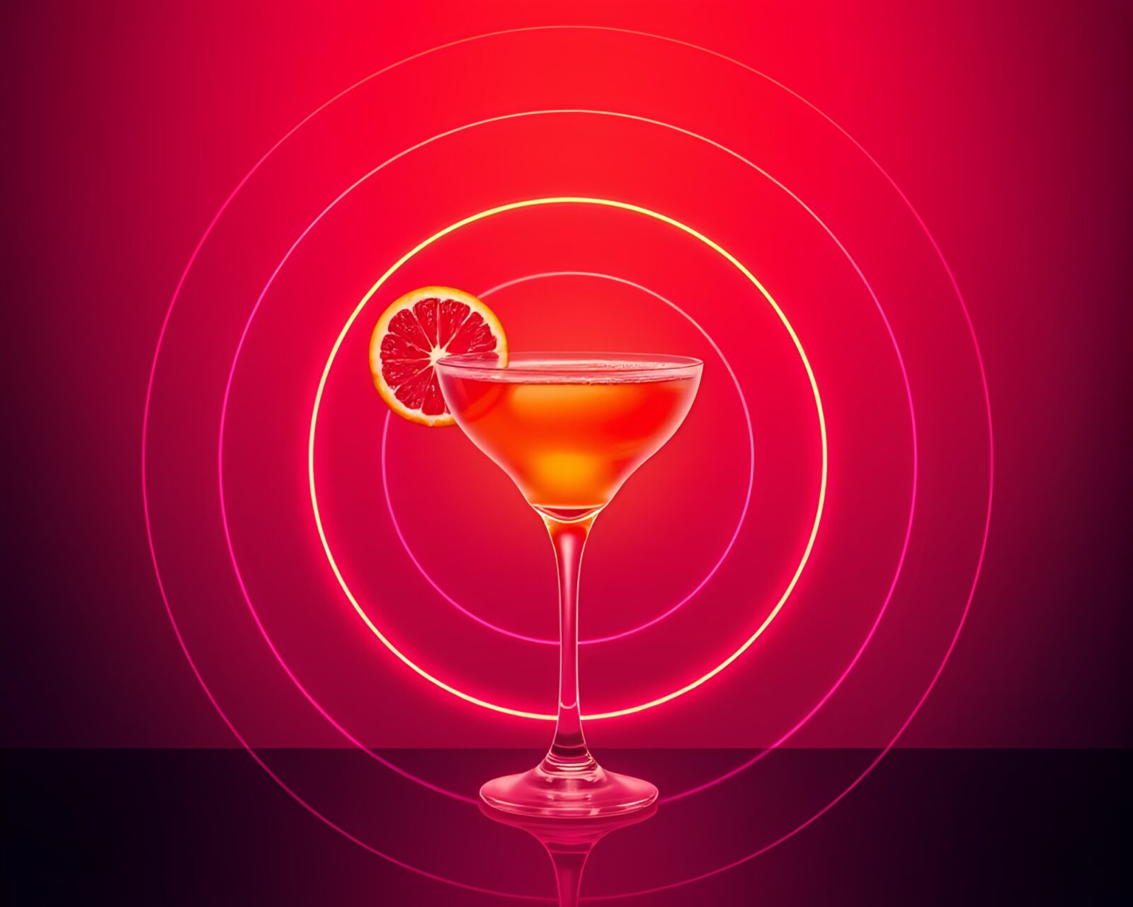 Vibrant concentric circles of neon light surrounding cocktail glass