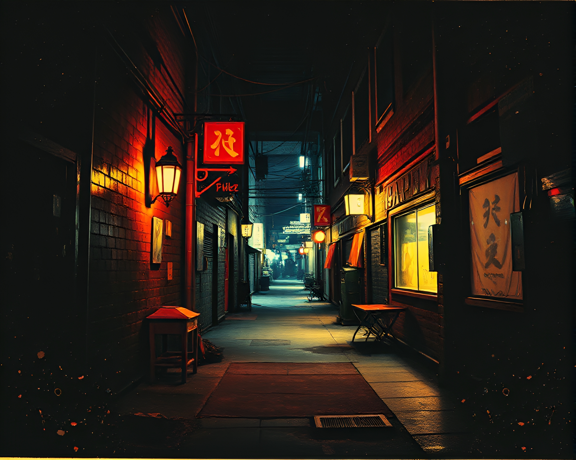 Cyberpunk Alley Linocut Textures Candlelit Scene – free AI stock image