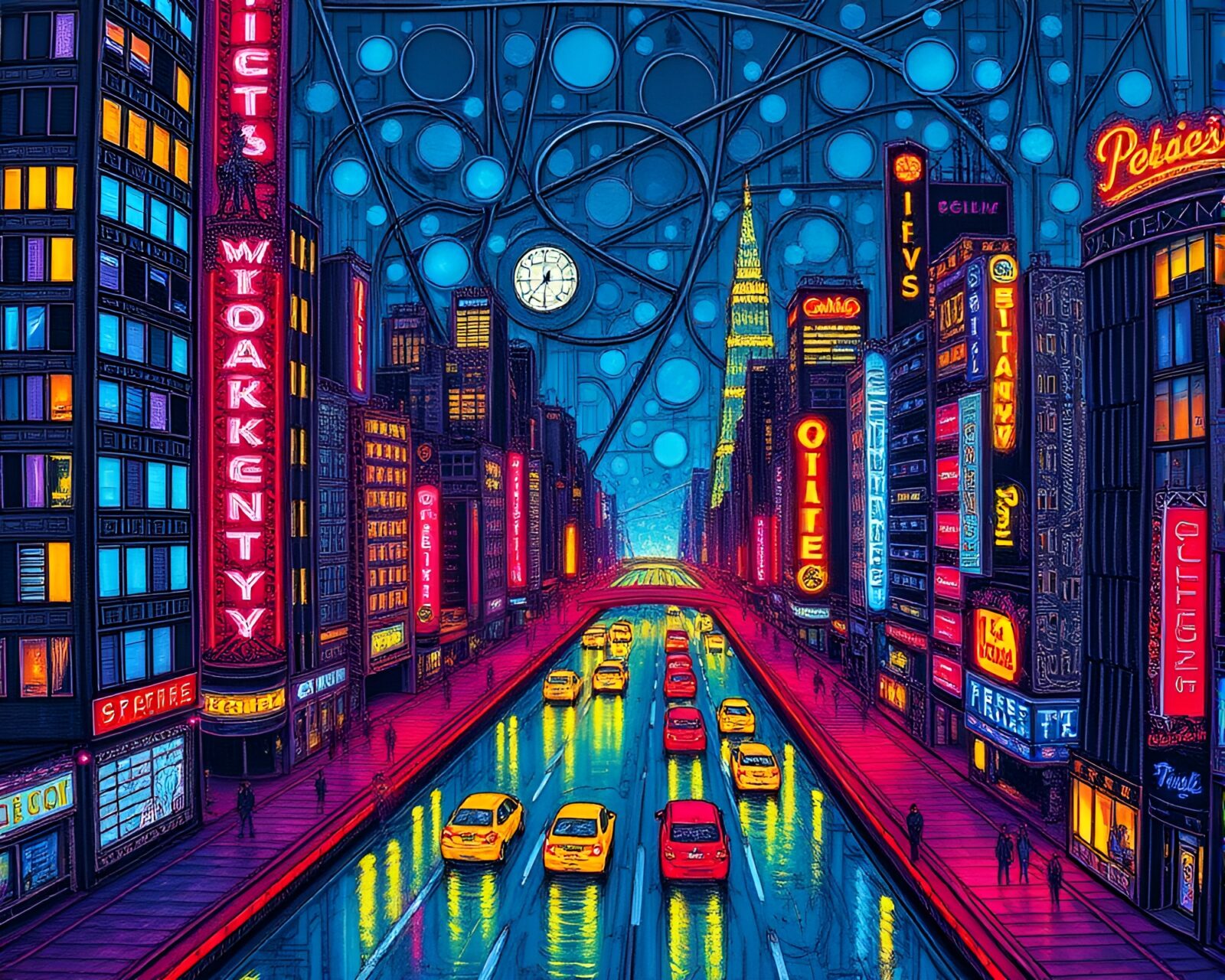 Fantastical stitched golem in glowing neon cityscape at night