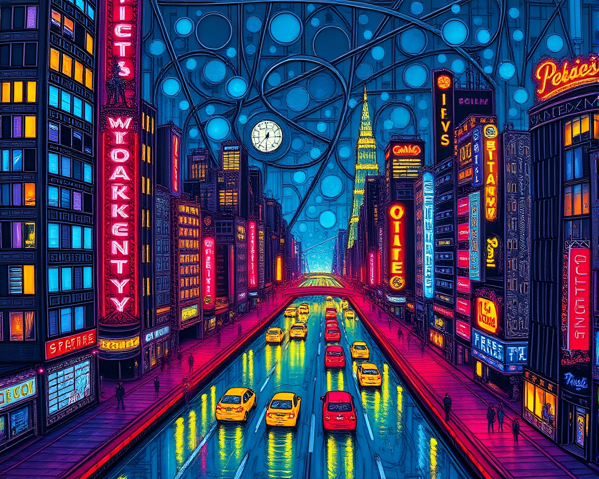 Neon City Golem: A Stitched Tempera Masterpiece – free AI stock image