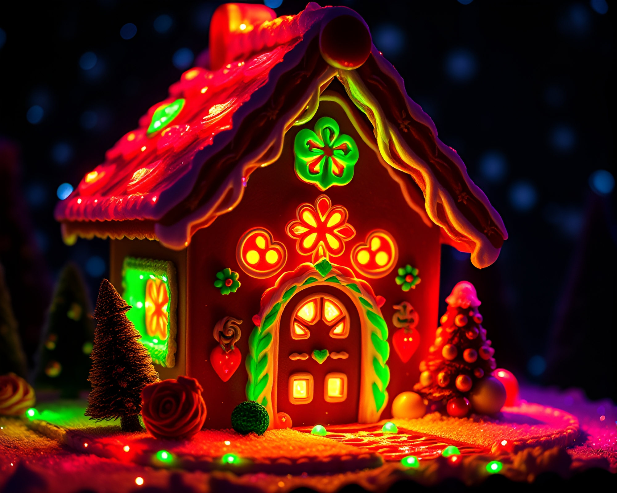 Ultraviolet Snowflake Gingerbread House – free AI stock image