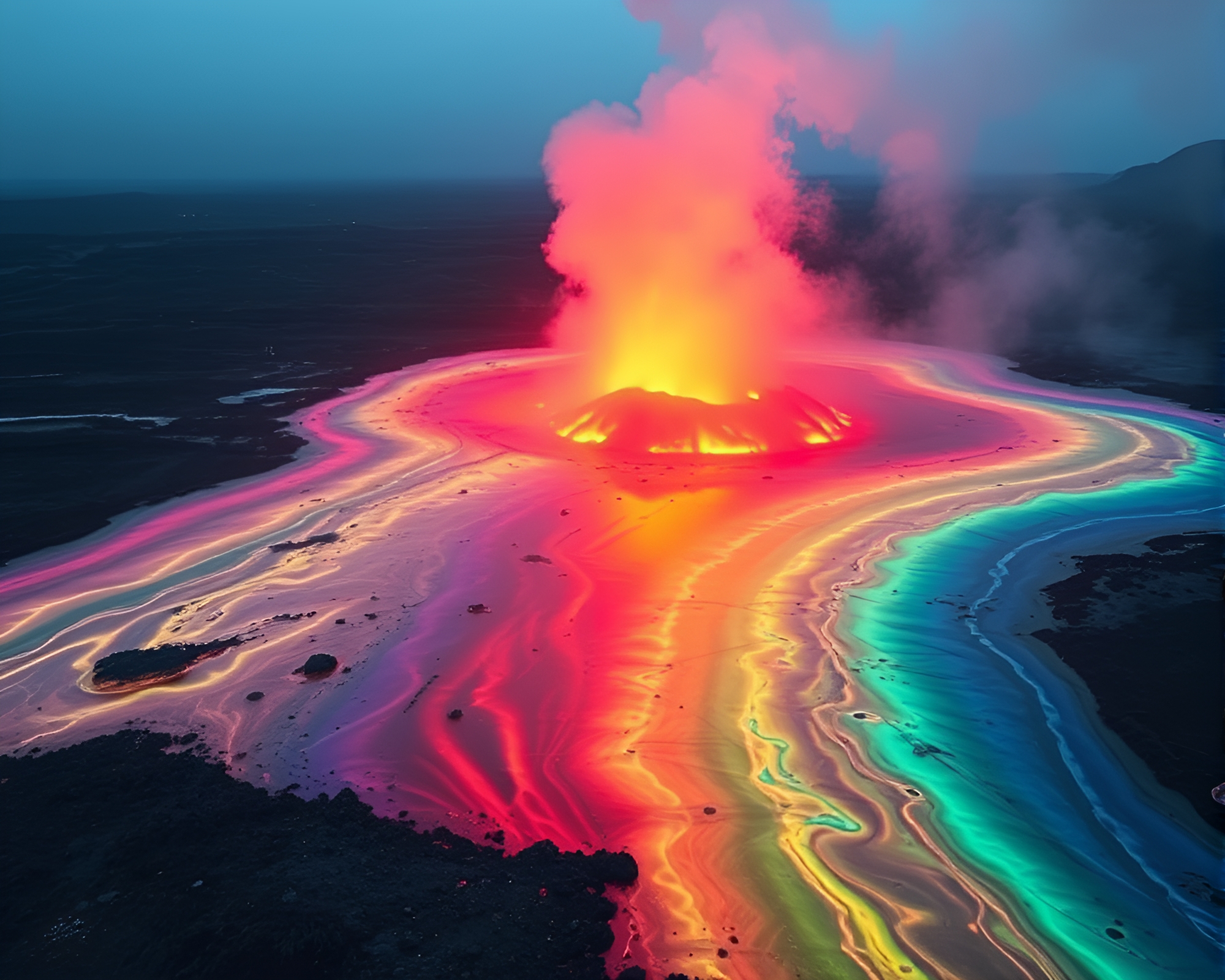Volcano Red Glow: Geyser Field Cloaked in Oil Rainbow – free AI stock image