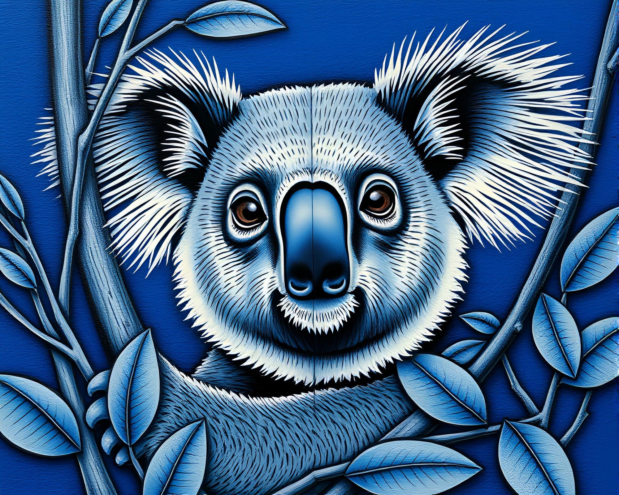 Koala in Contouring Cobalt Blue Nature Framing – free AI stock image