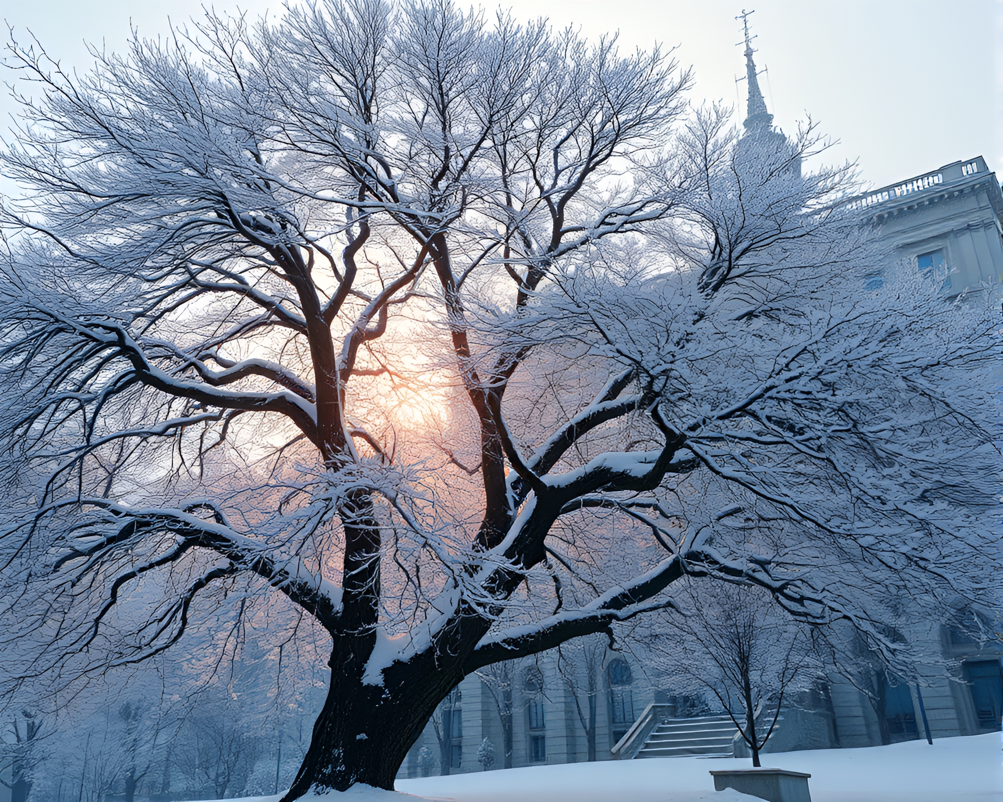 Snow-Kissed Ancient Tree in Architectural Rendering – free AI stock image