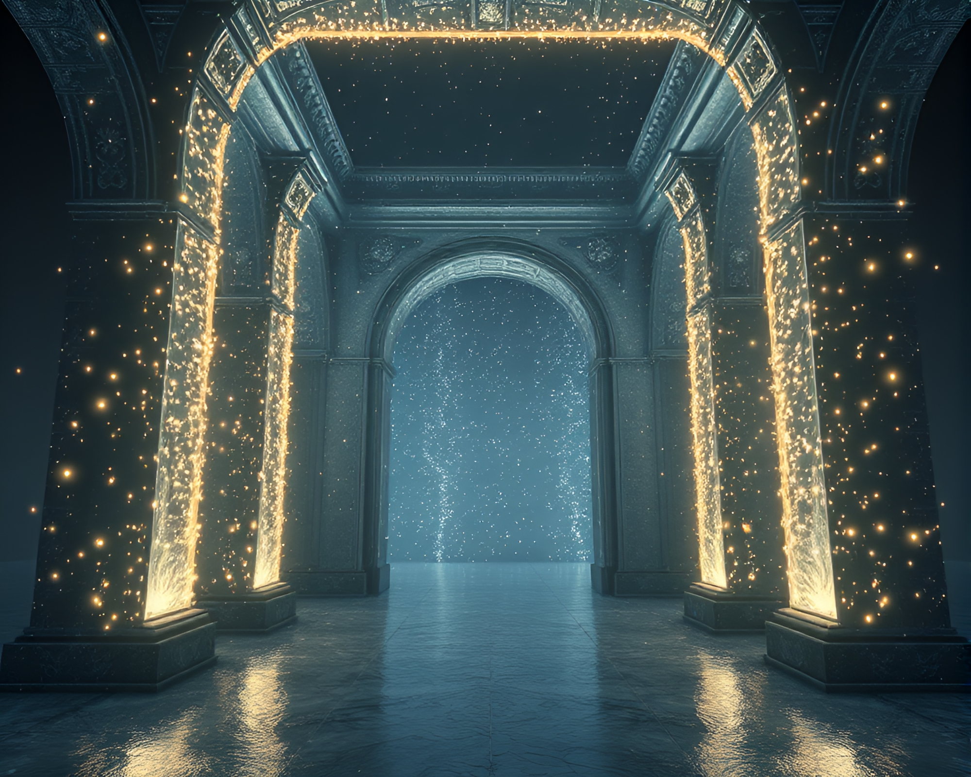Submersible Atlantis Temple Illuminated by Torchlight Glow – free AI stock image