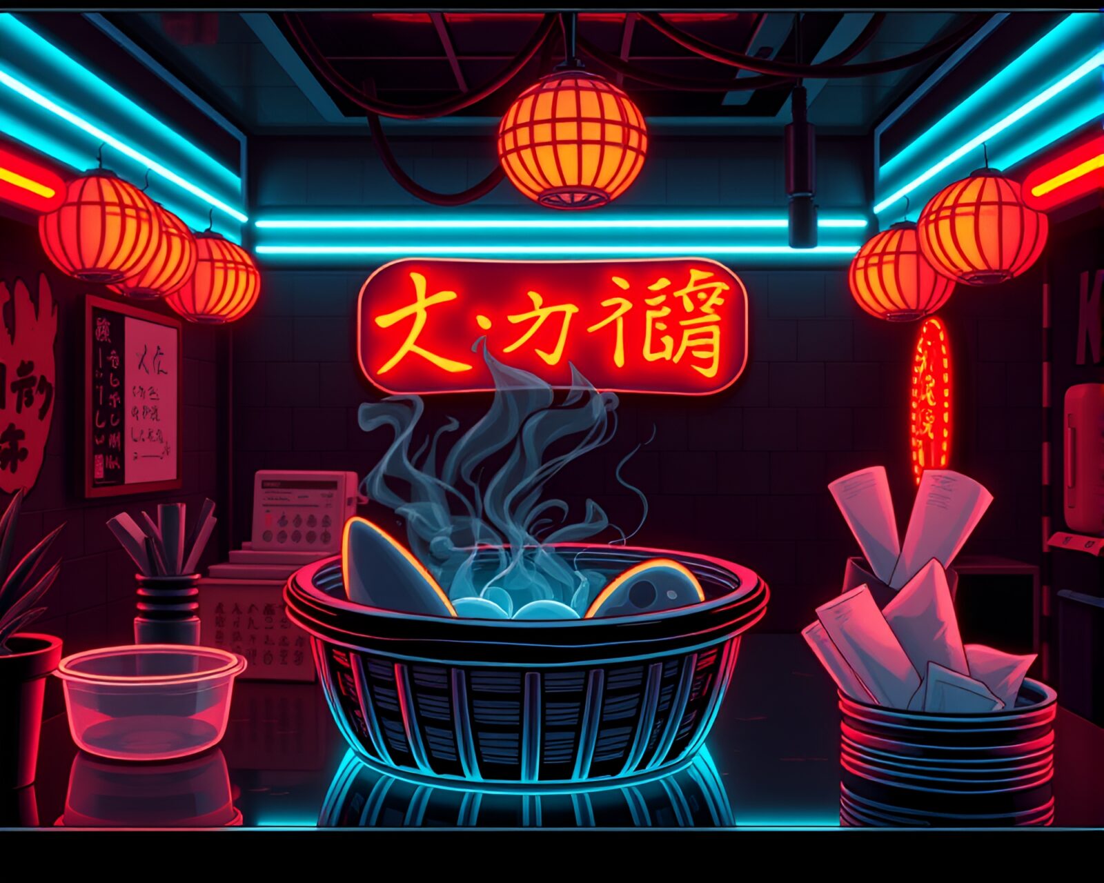 Colorful comic book style illustration of neon-lit dim sum basket