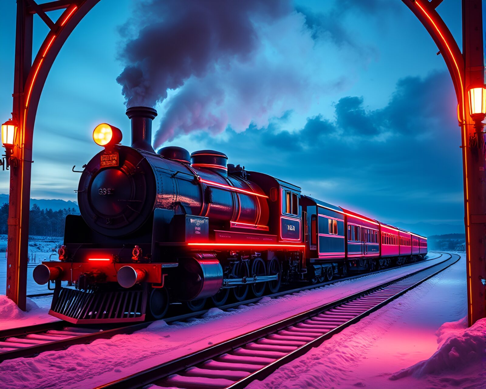 Glowing locomotive in icy twilight within architectural structure