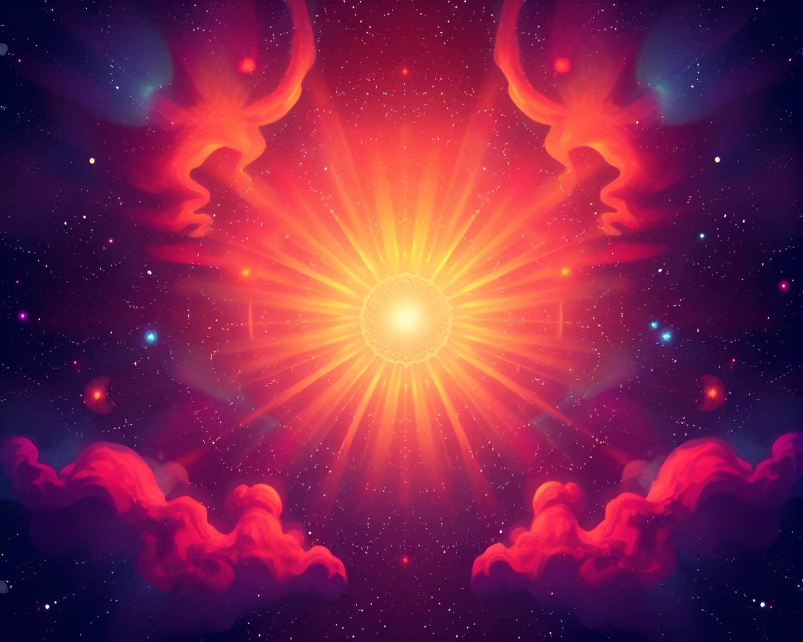 Radially symmetrical cartoon plateau in cosmic nebula hues