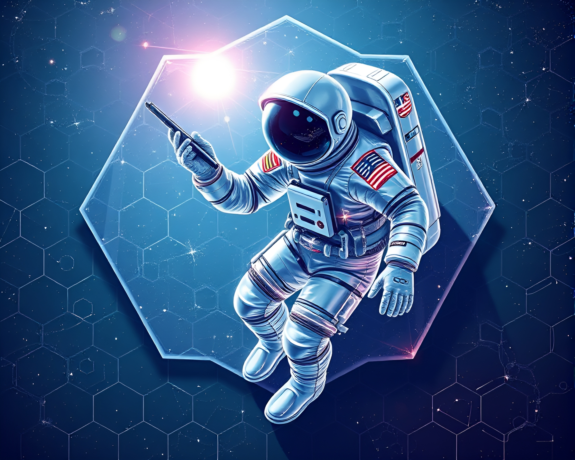 Astronaut exploring hexagonal crystal cavern in space – free AI stock image