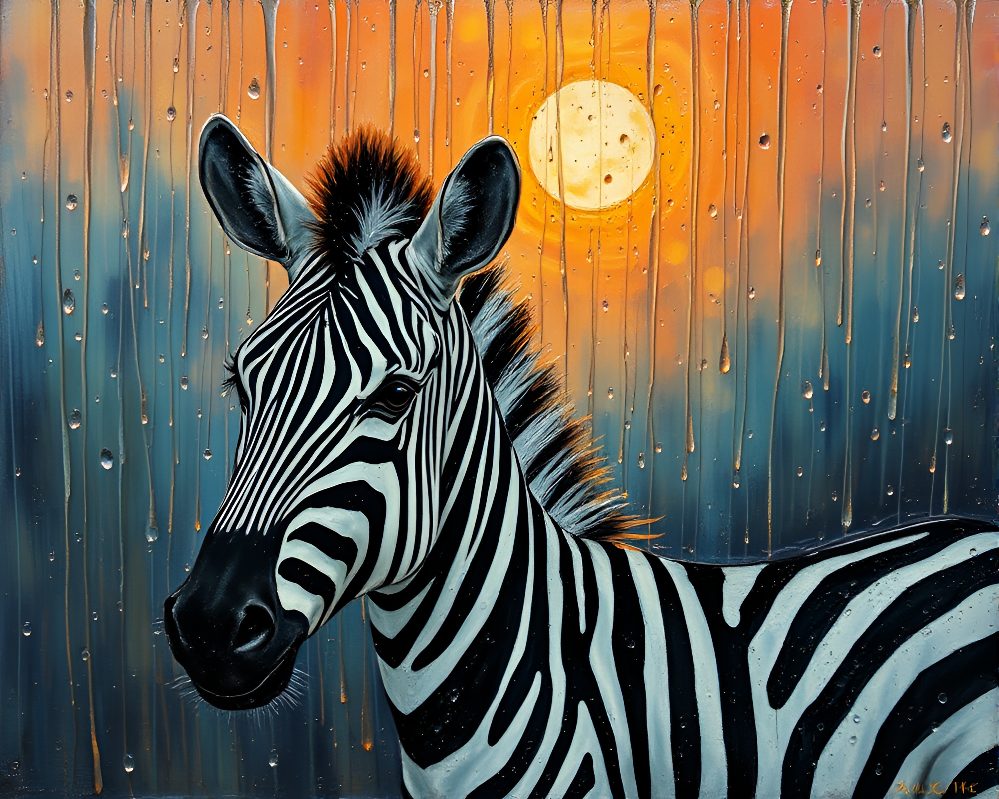 Zebra in Dawn Rainstorm: Encaustic Dream – free AI stock image
