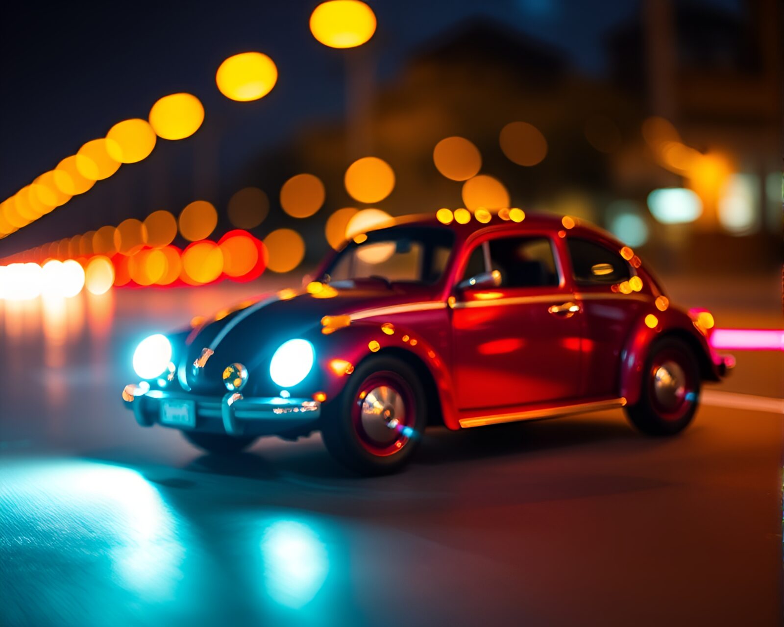 Vibrant bokeh lights swirling around a beetle-shaped car.