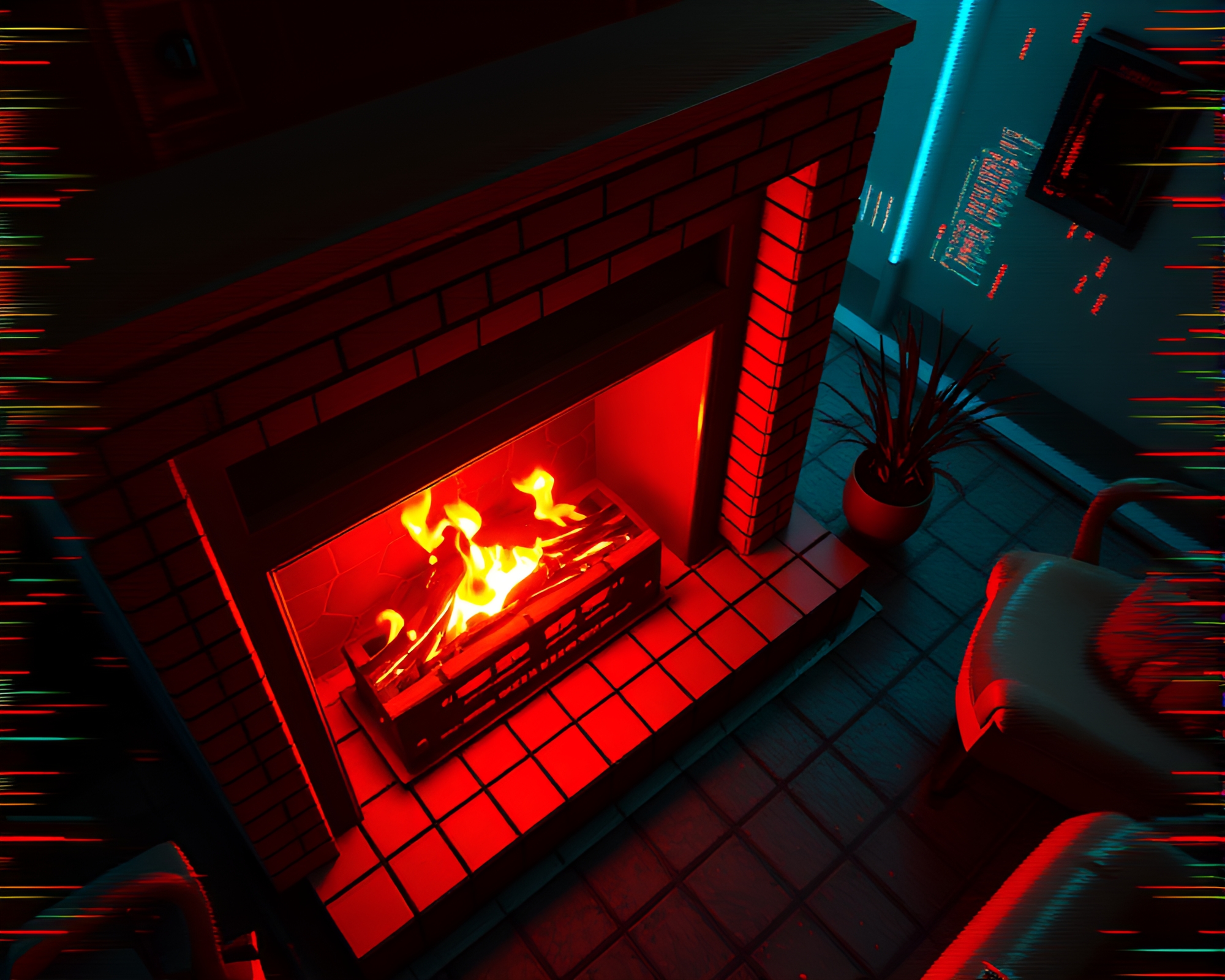 Retro Wave Grid Glitch Fireplace Bird’s Eye View – free AI stock image
