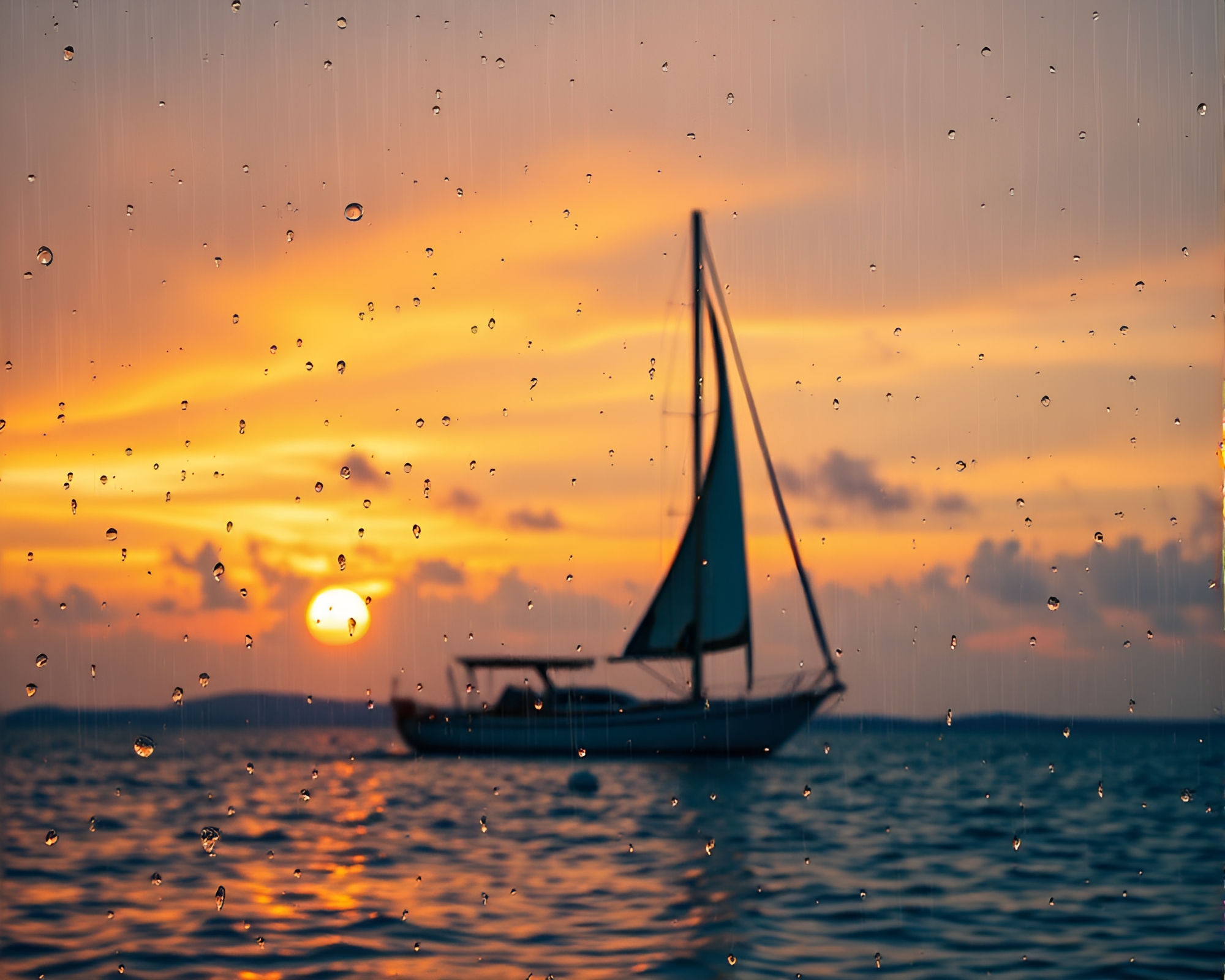 Solar Sailboat in Twilight Rain Droplets Photocollage – free AI stock image