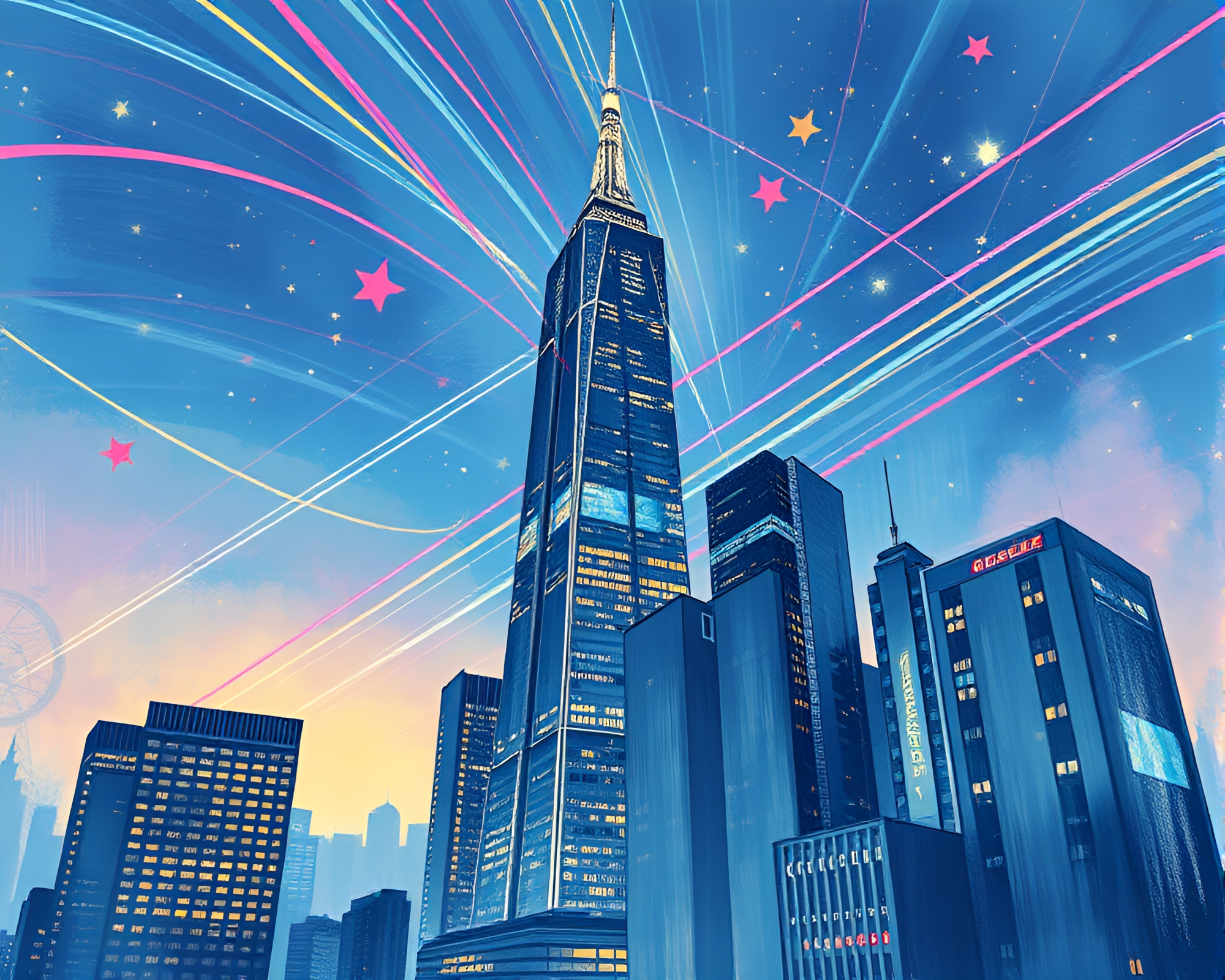 Star Trails Over Pastel Graffiti Skyscraper – free AI stock image