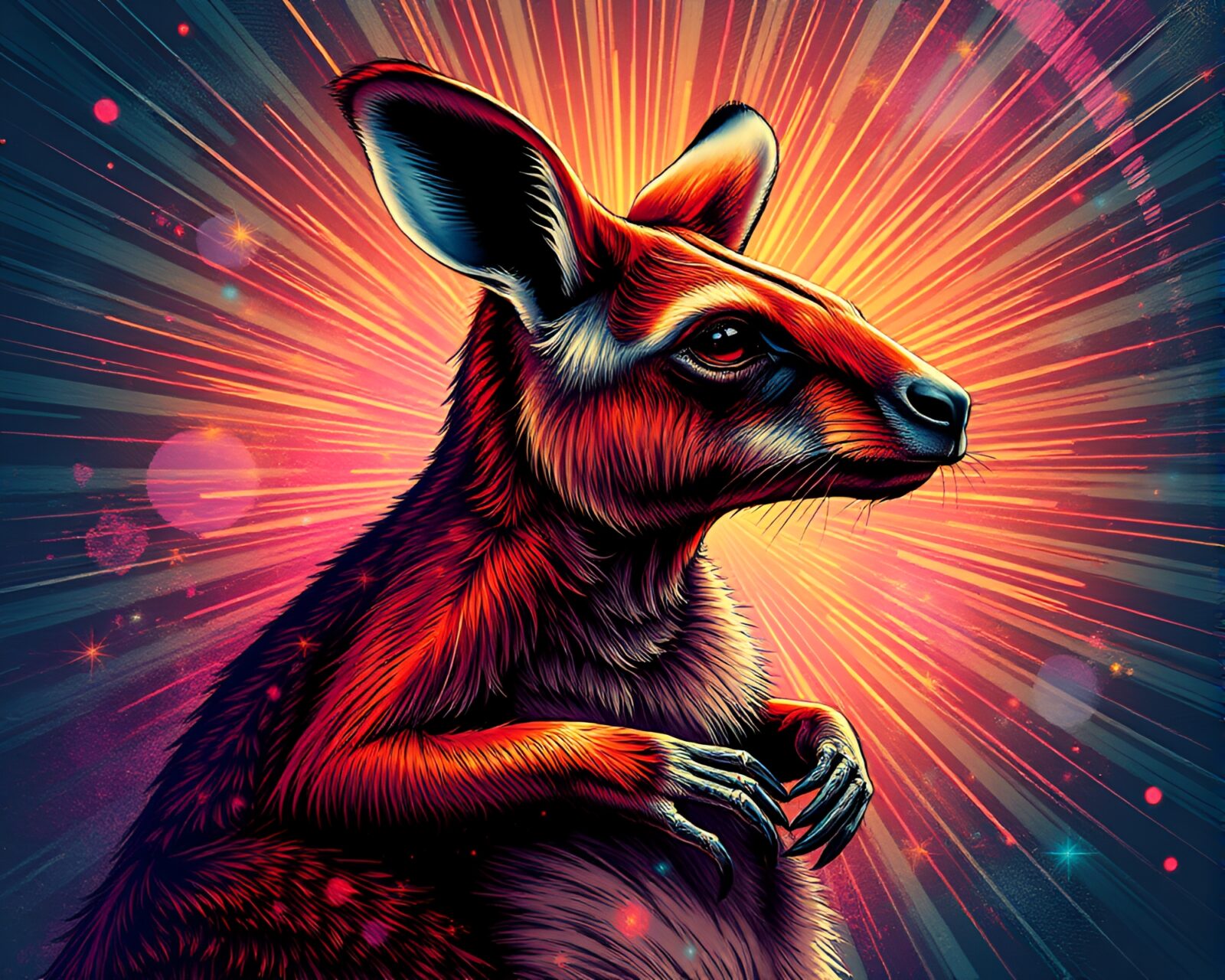 Colorful steampunk kangaroo overlayed with intricate fractal design