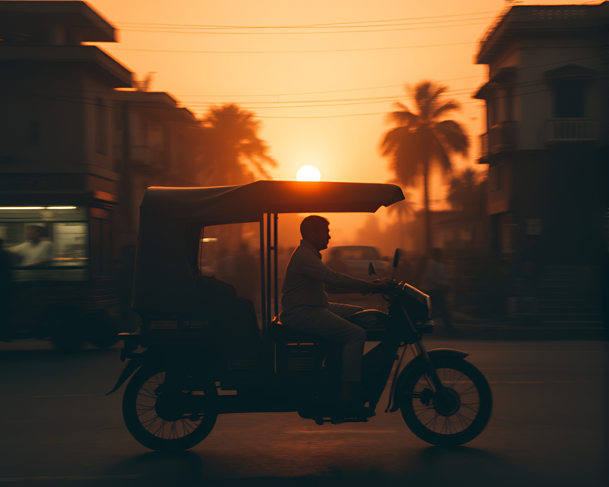 Sunset Rickshaw Ride with Hatching Patterns – free AI stock image