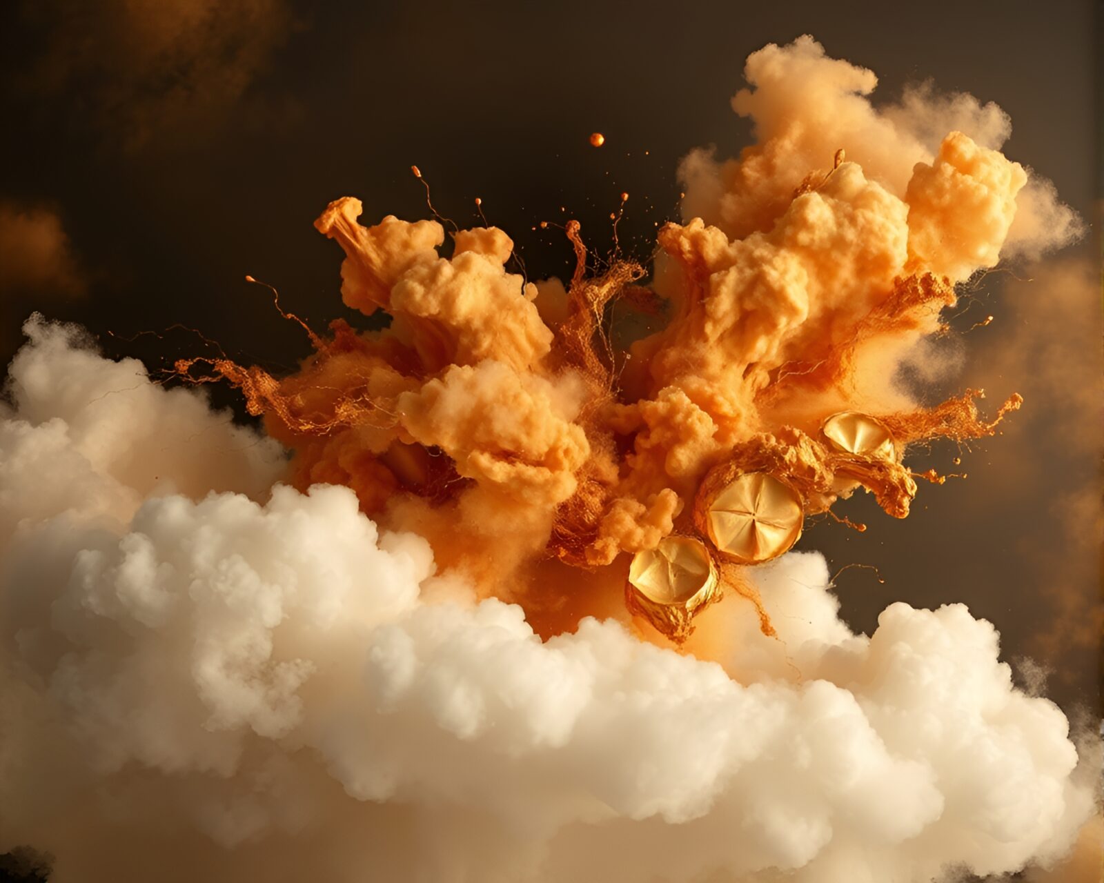 Dynamic bronze-hued explosion surrounding a floating cello