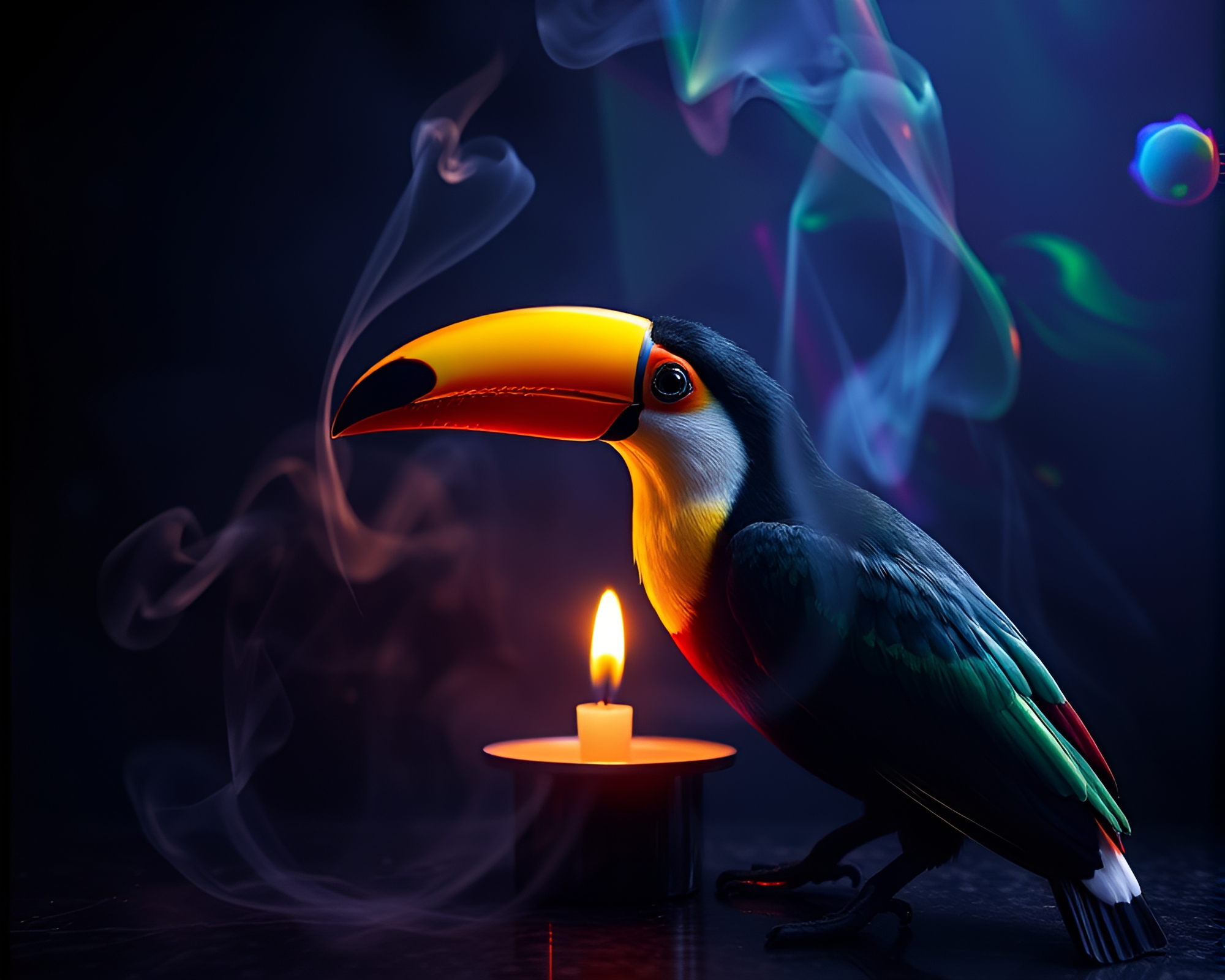 Toucan surrounded by holographic candle smoke – free AI stock image