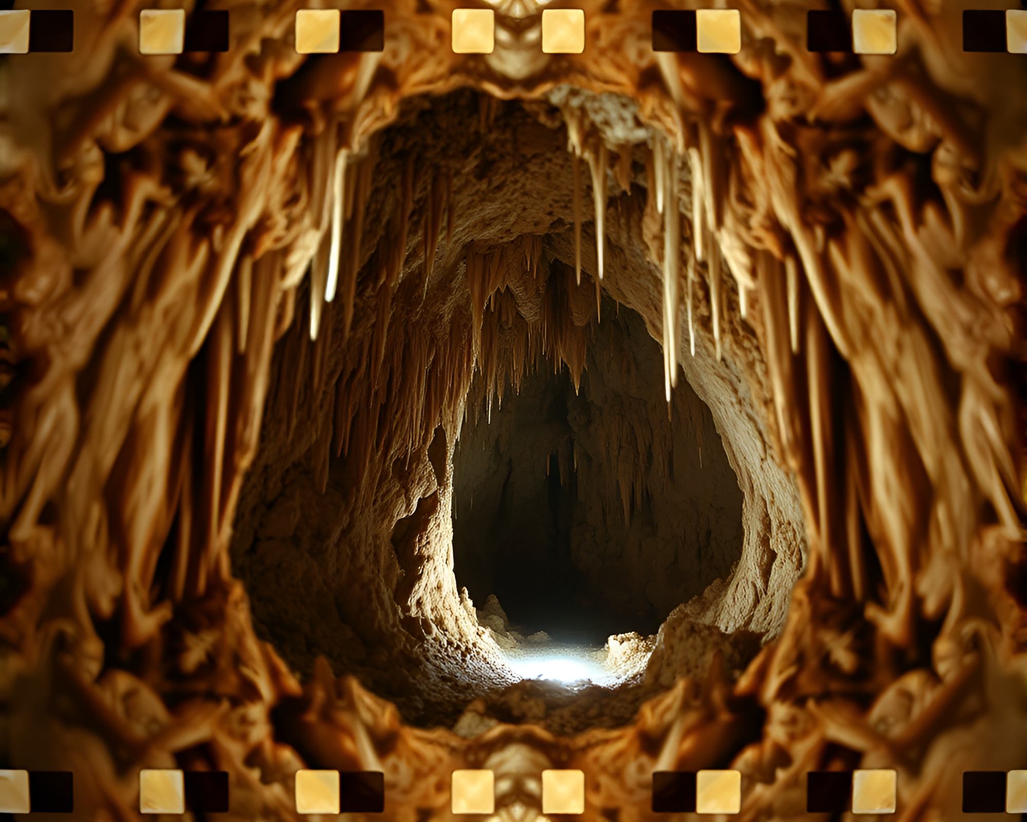 Mesmerizing Cave Stalactites with Kaleidoscope Lighting – free AI stock image