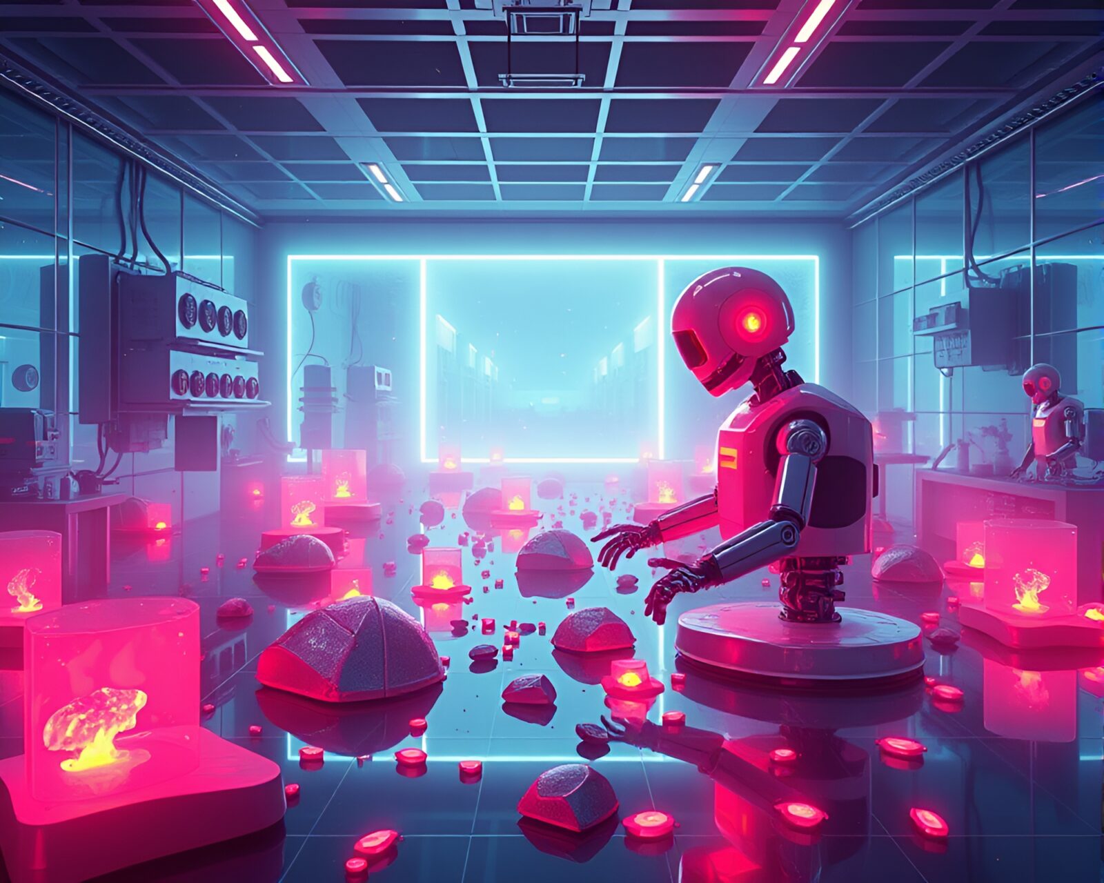 Geometric abstraction of floating embers in neon-lit robotics lab