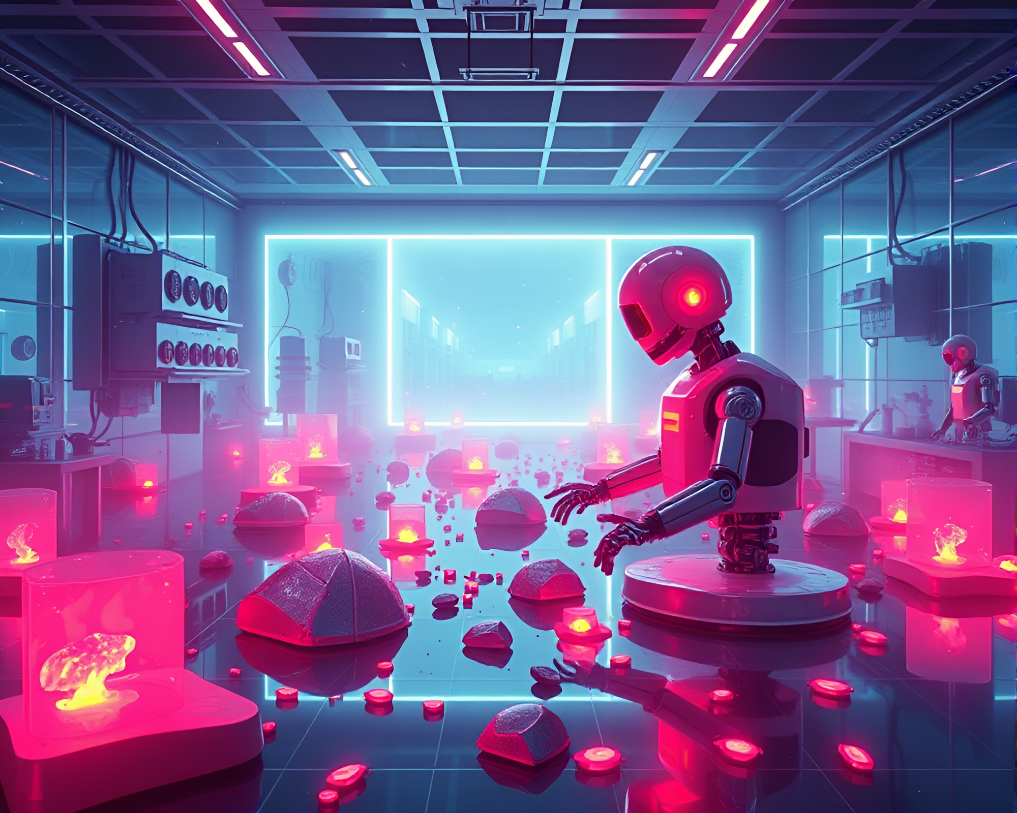 Robotic Laboratory Infused with Pastel Neon Embers – free AI stock image