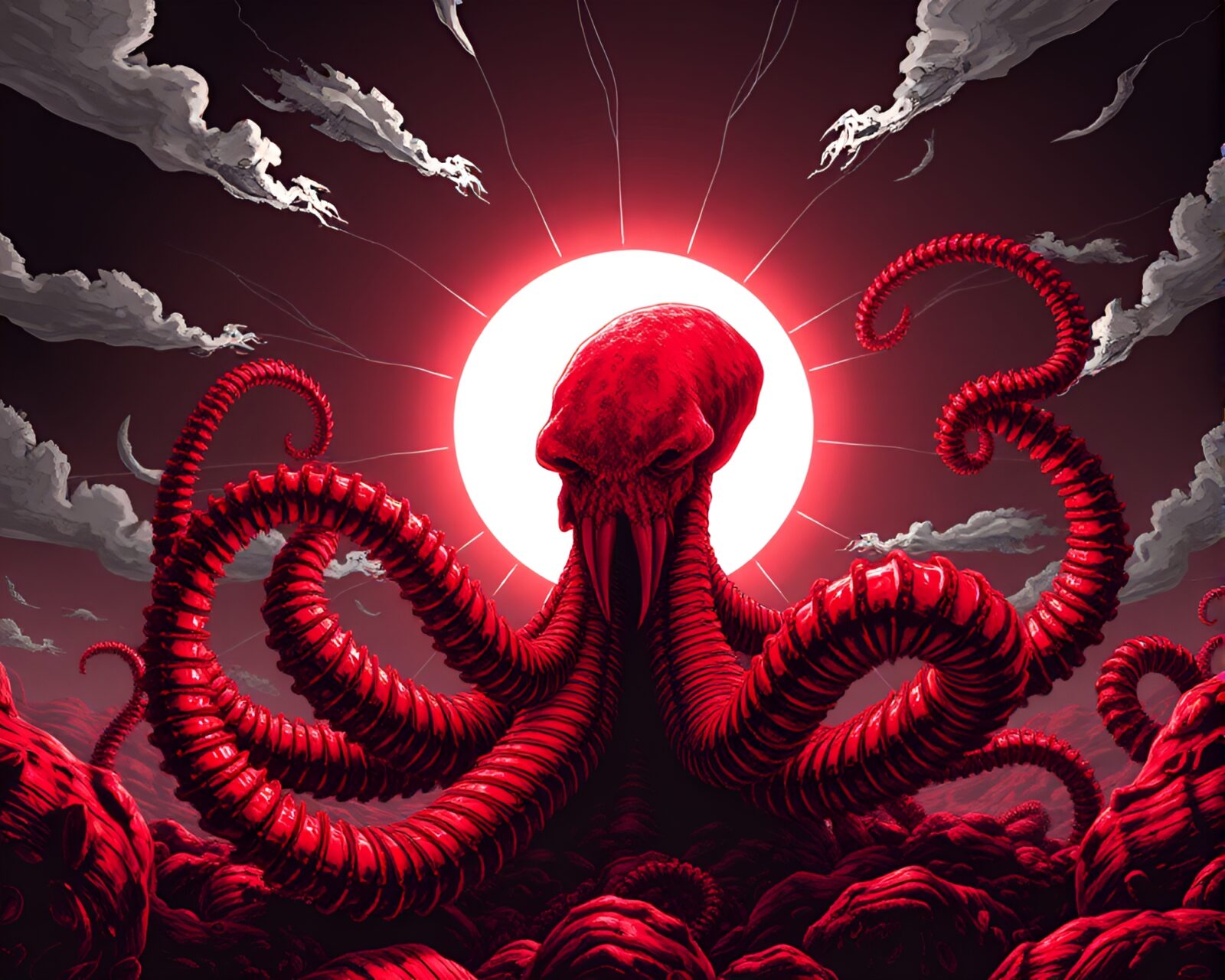 Dark, eerie illustration of Kraken rising under blood-red light