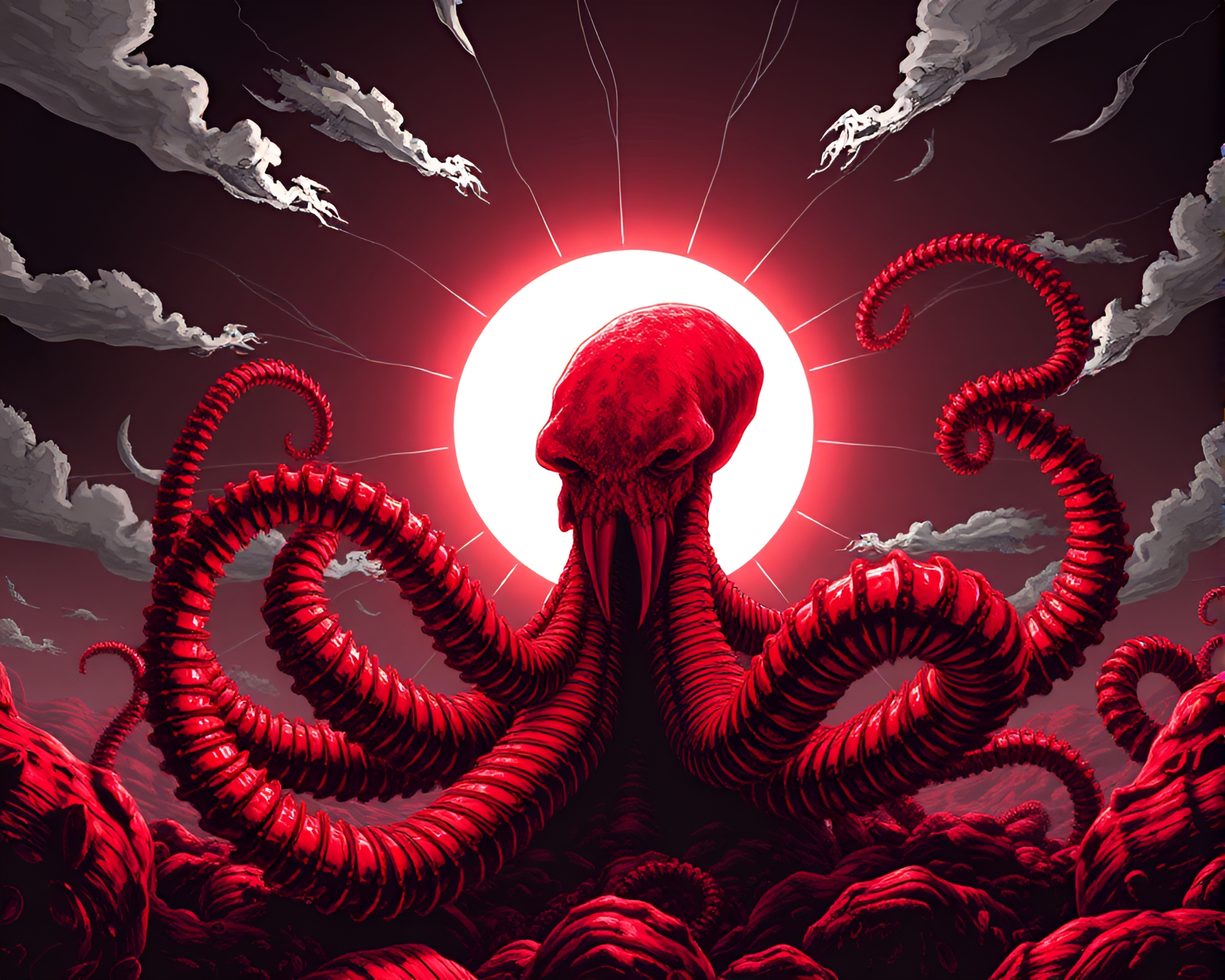 Monochrome Red Kraken Emerging From Bio-Organic Depths – free AI stock image