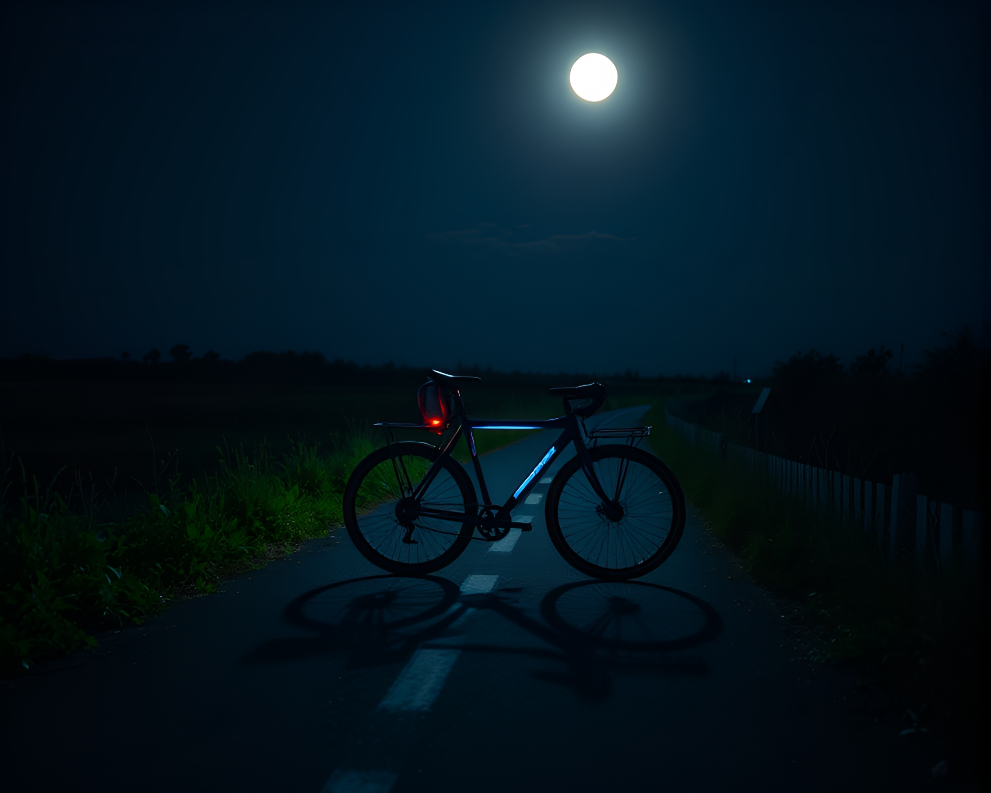 Moonlit Solar-Powered Bike on Path Tracing Through Night – free AI stock image