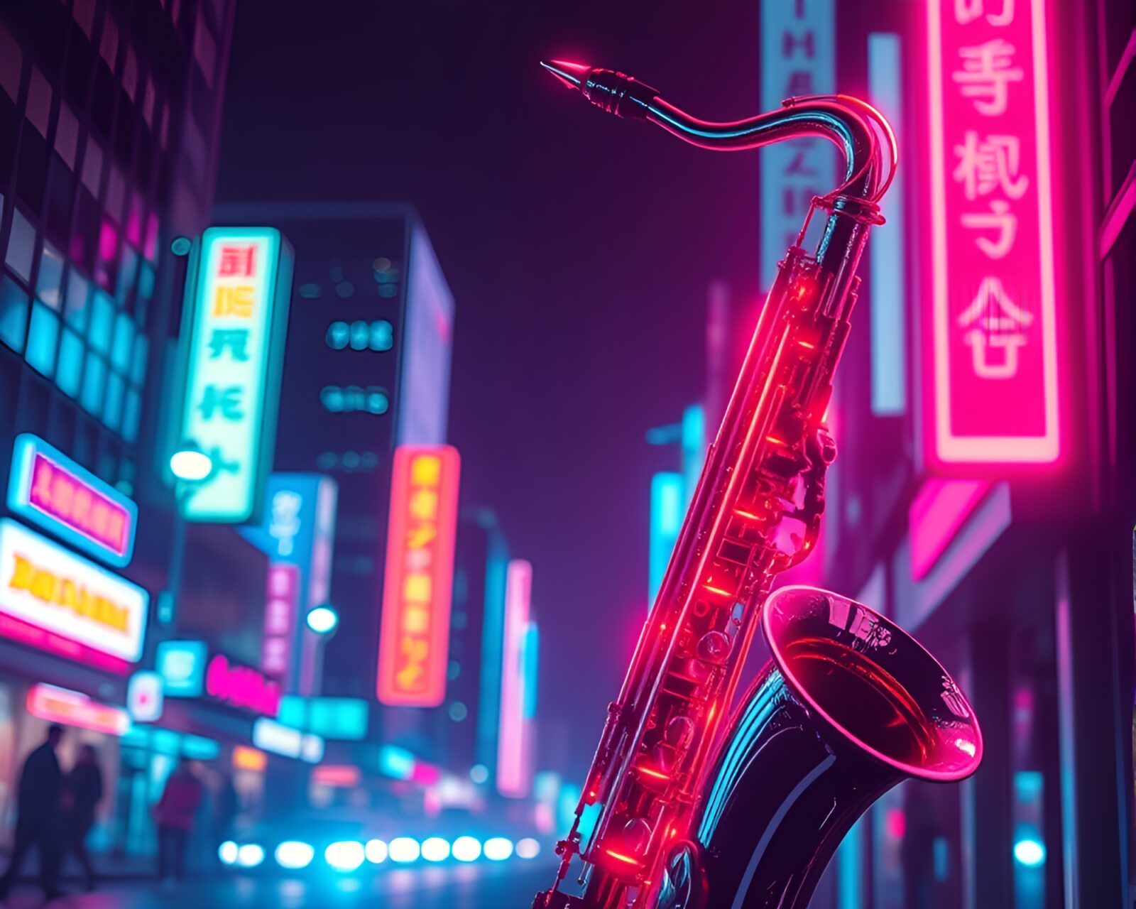 Tight crop of AI-generated saxophonist in neon-lit cityscape