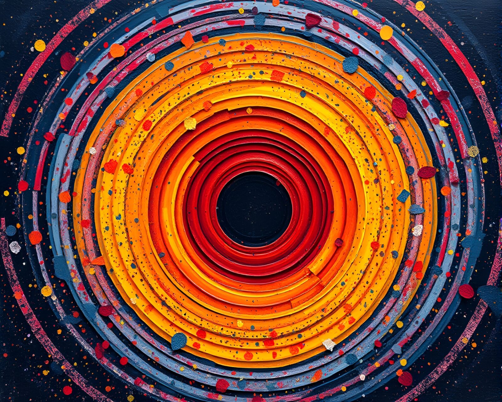 Impasto painting of concentric circles around vibrant volcano crater