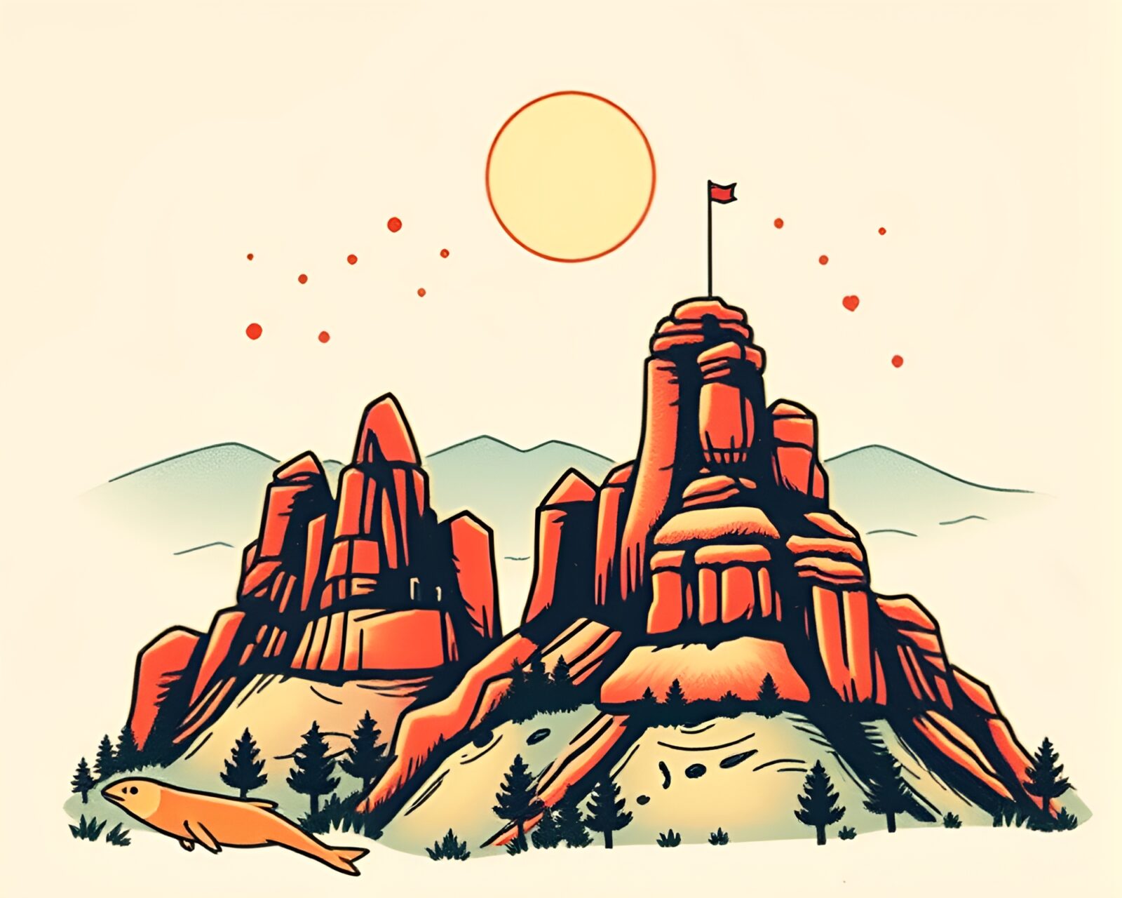 Vibrant screenprint dot cupcake tower in canyon rust tones