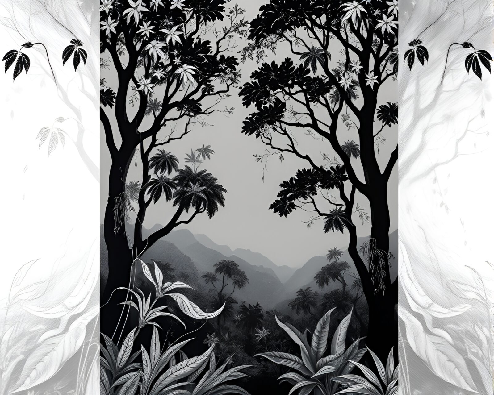 A lush jungle scene with a geyser spouting silver leaves.