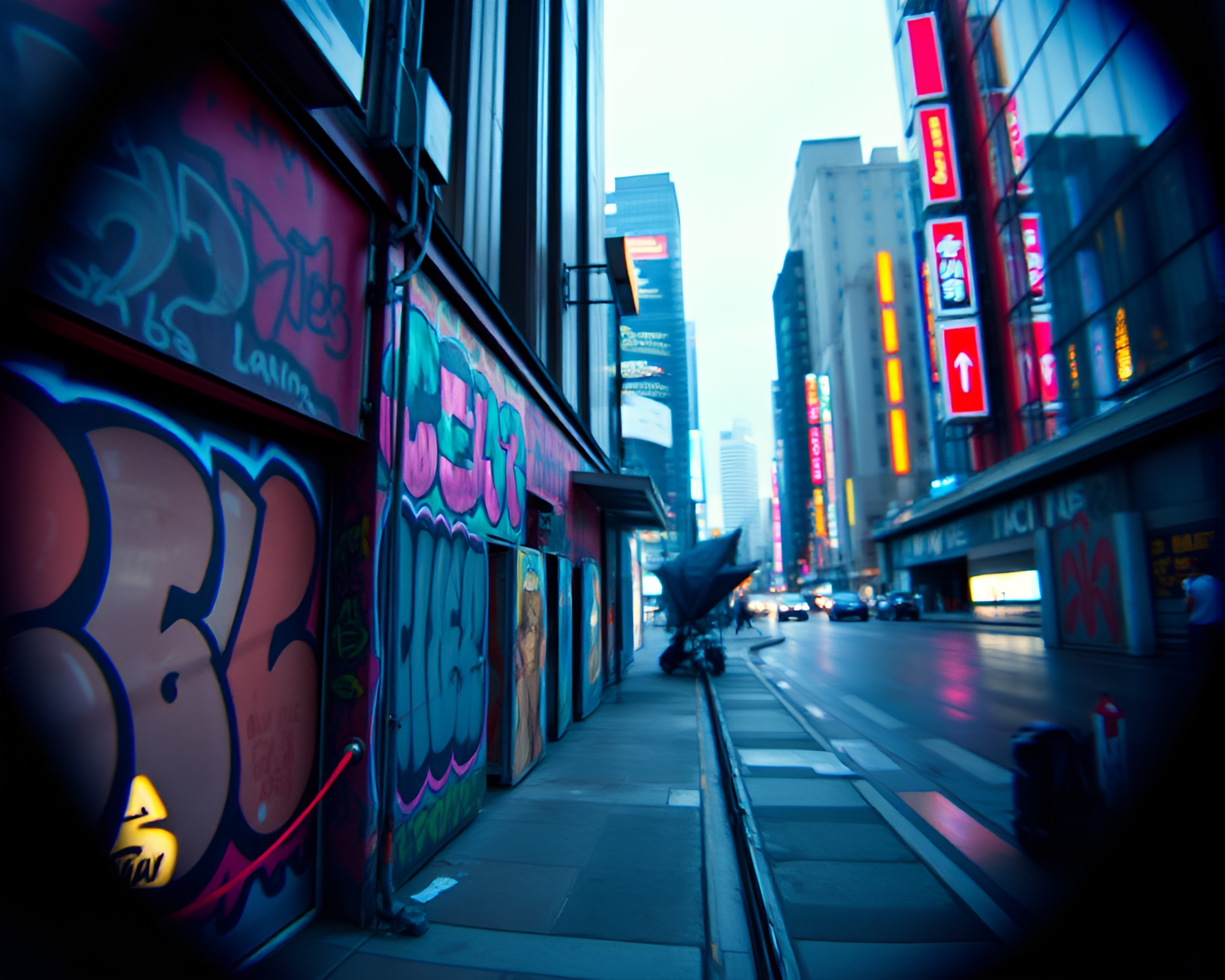 Futuristic Cityscape with Split Focus Graffiti Detailing – free AI stock image