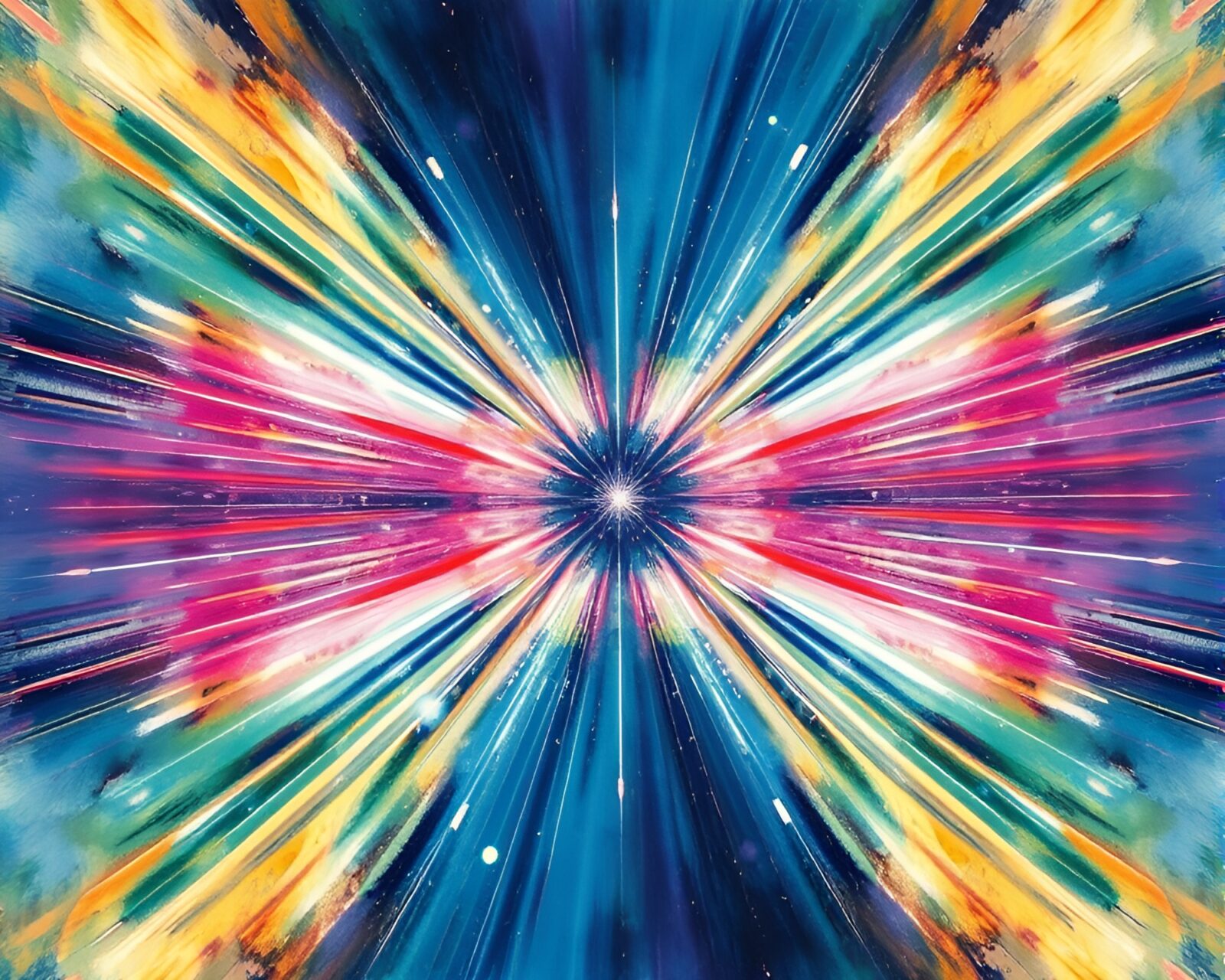 Abstract watercolor painting with quantum theme and lens flare bursts