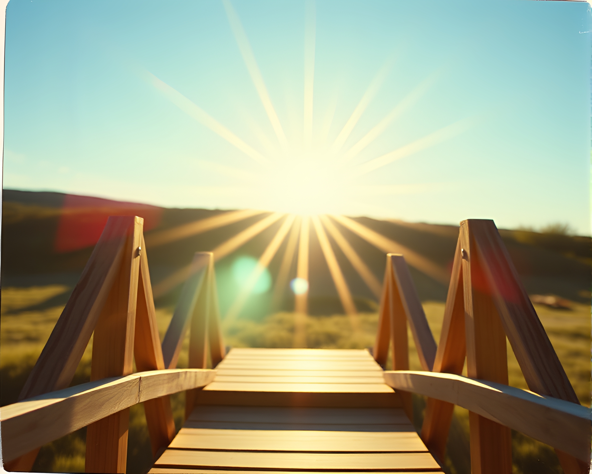 Enchanting Wooden Bridge in Origami Lens Flare Light – free AI stock image