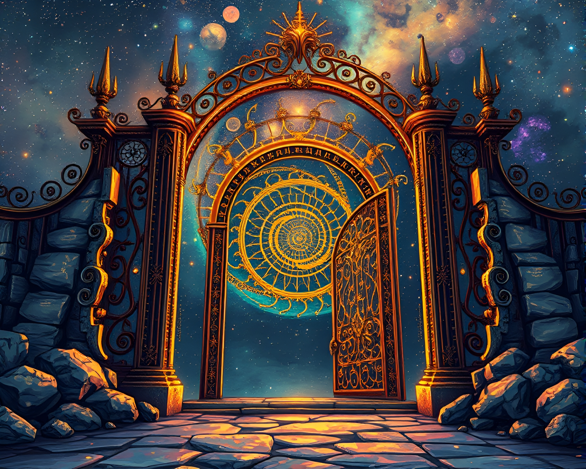 Golden Spiral Cyberpunk Wrought Iron Gate Illustration – free AI stock image