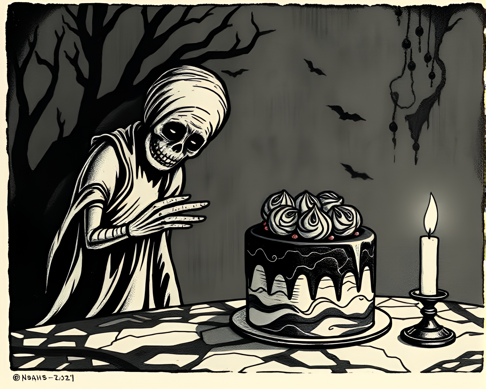 Marbled Cake Necromancy Woodblock Print Scene – free AI stock image