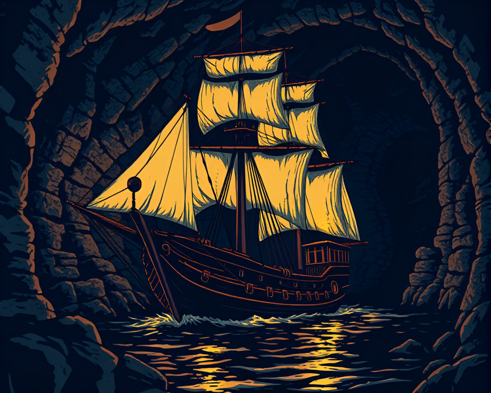 Surreal ASCII depiction of sailing ship in dungeon ambiance