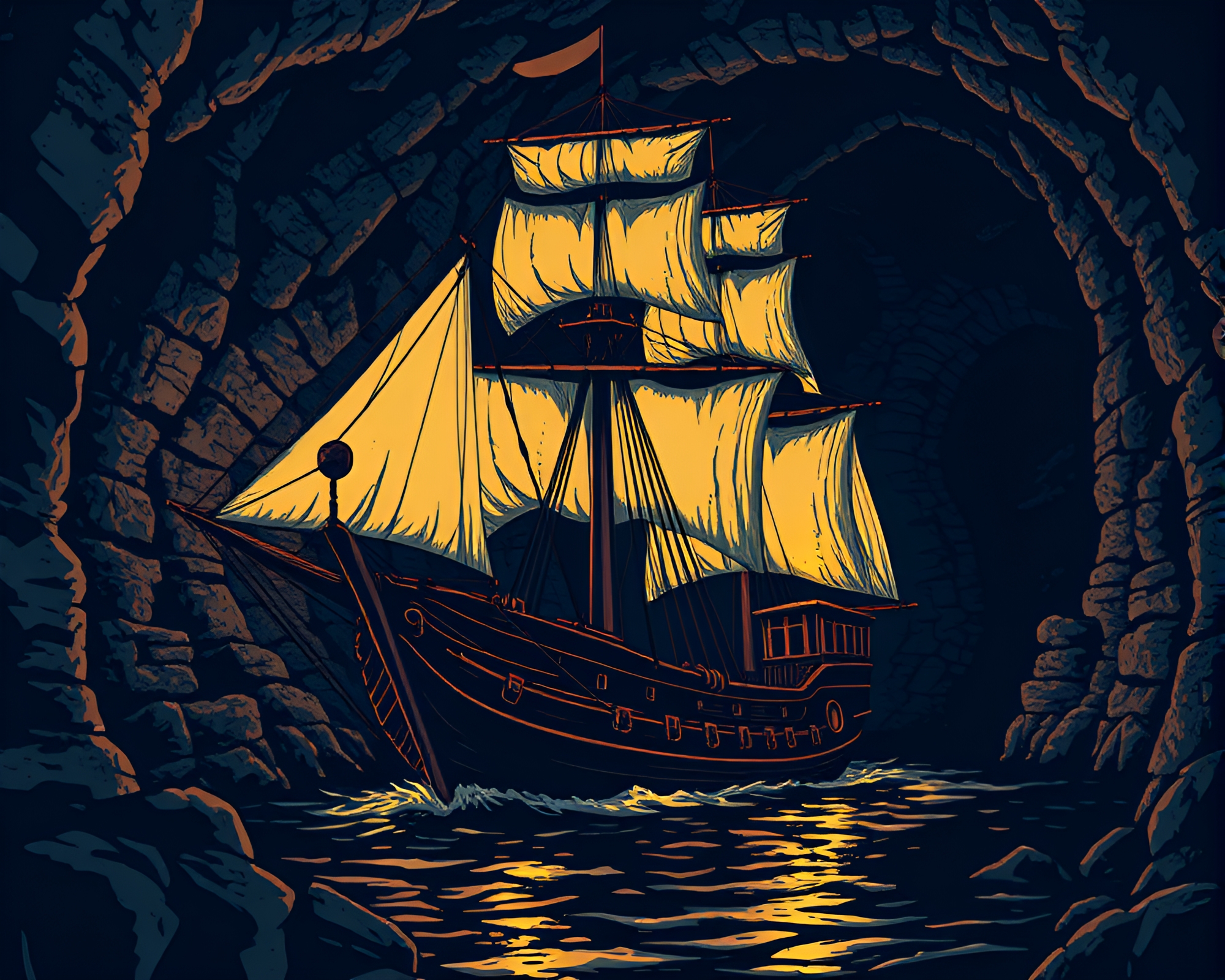 Dutch Angle ASCII Art of Classic Sailing Ship in Dungeon Torchlight – free AI stock image