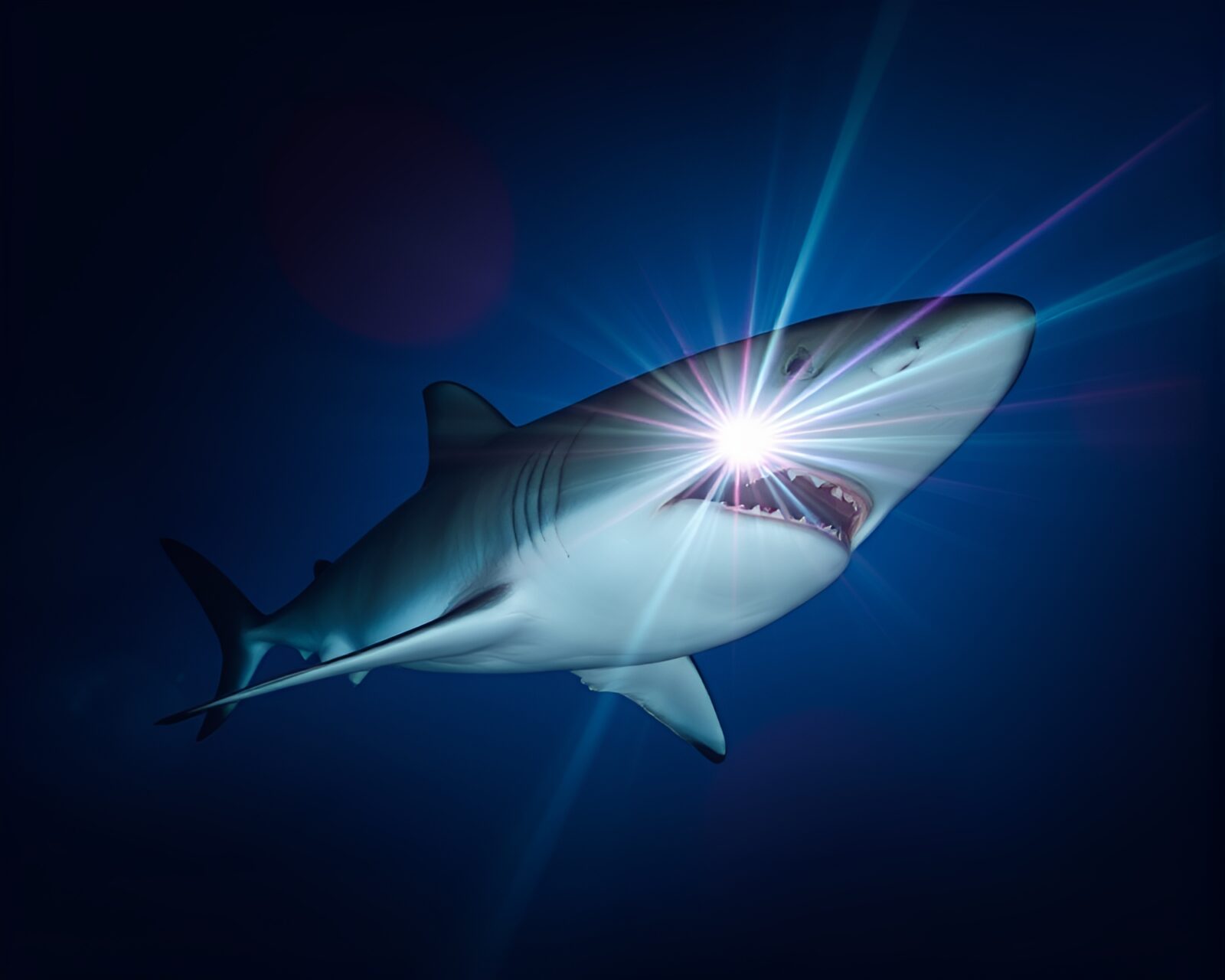 Wide-angle photo of shark refracted through prism in sunlight