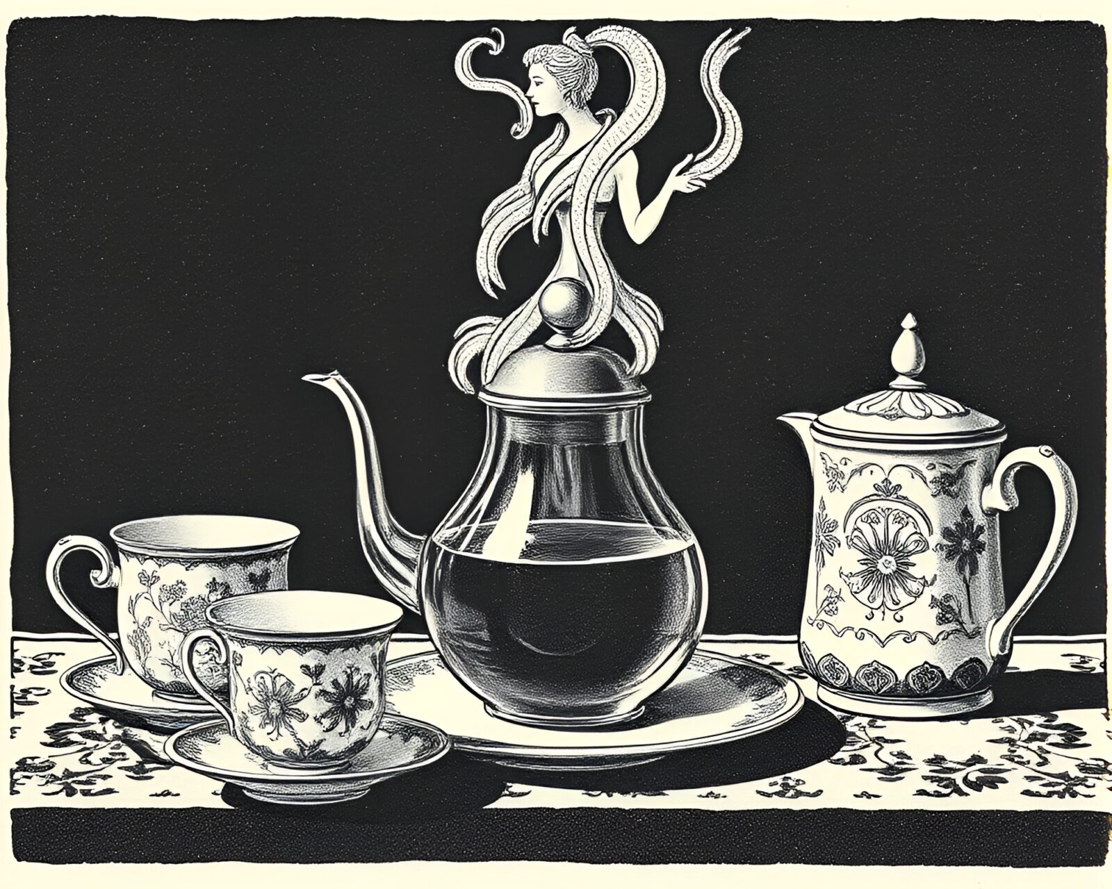 Artistic linocut tea set with vintage film grain vibes