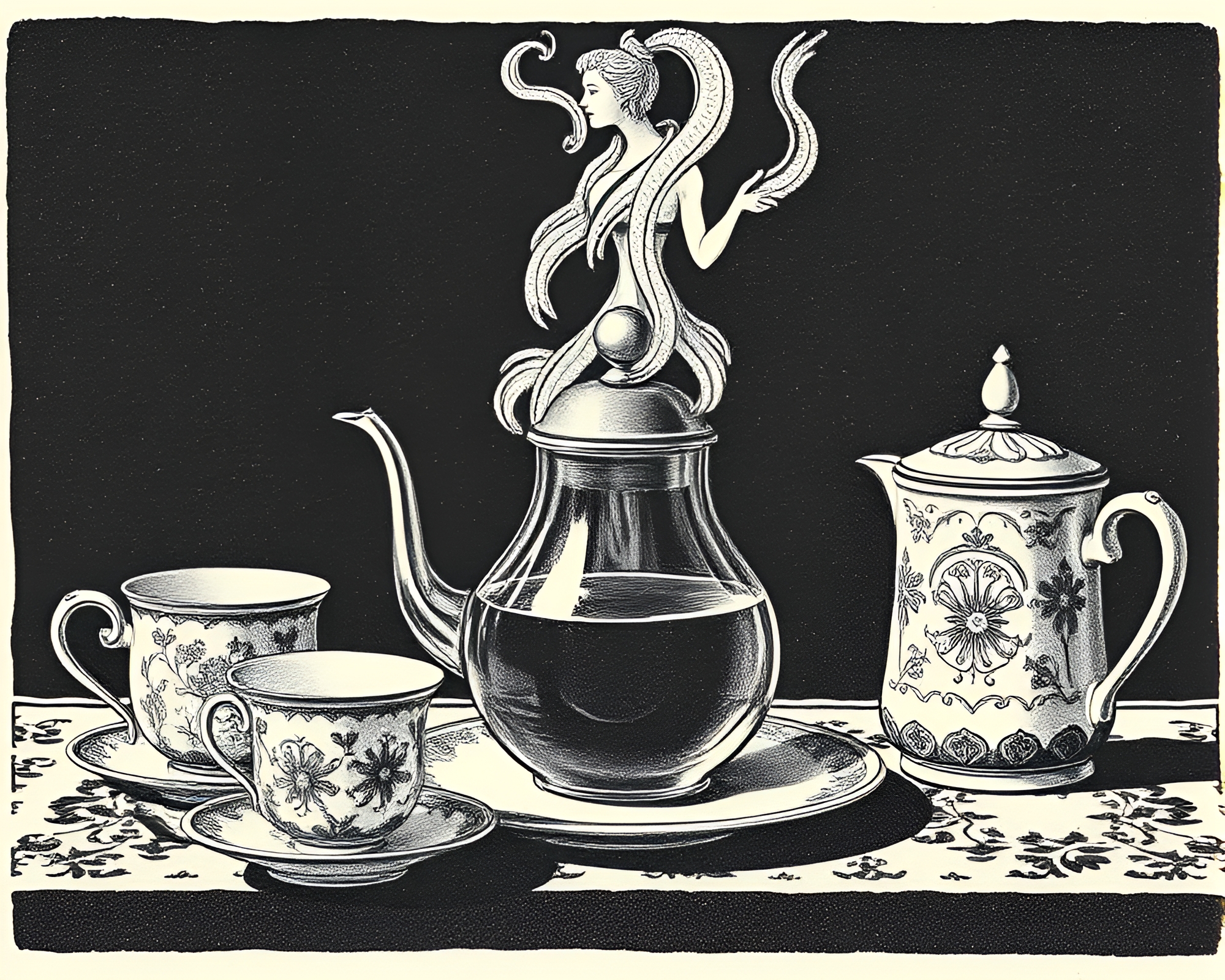 Abstract Tea Set Linocut with Film Grain Aesthetic – free AI stock image
