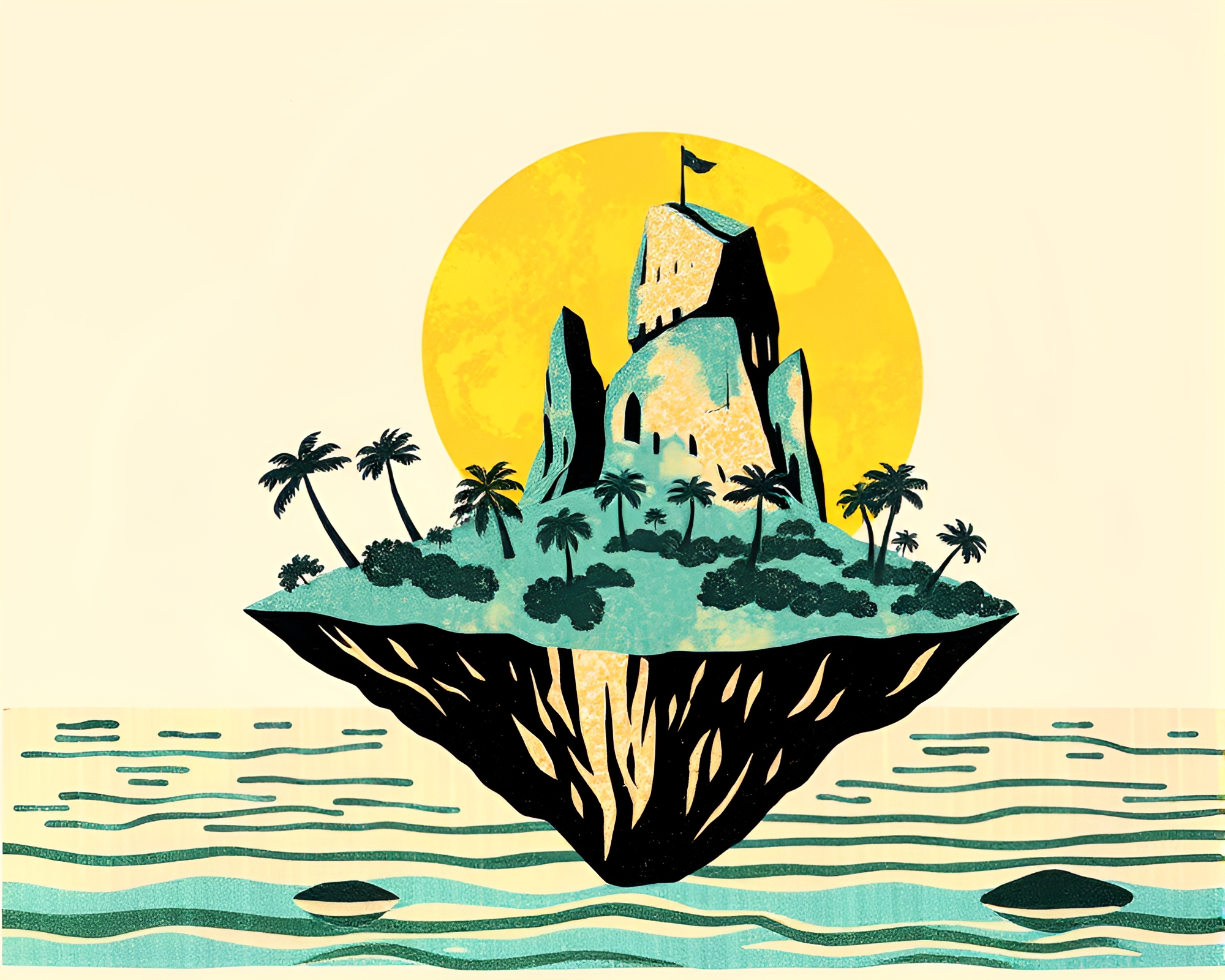 Floating Island Collage Cutouts in Iridescent Linocut Print – free AI stock image