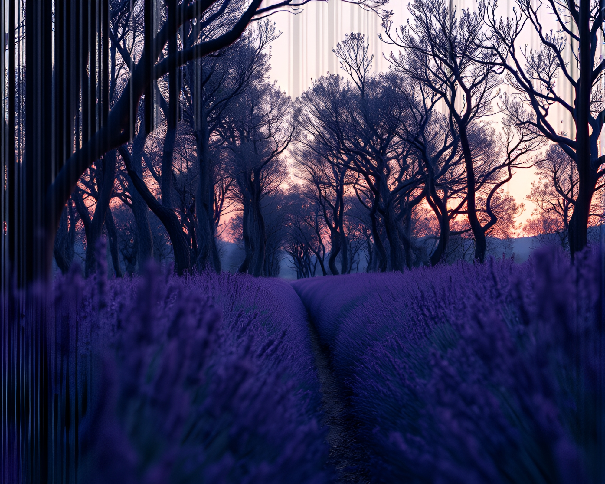 Enigmatic Ancient Grove in Lavender Twilight – free AI stock image