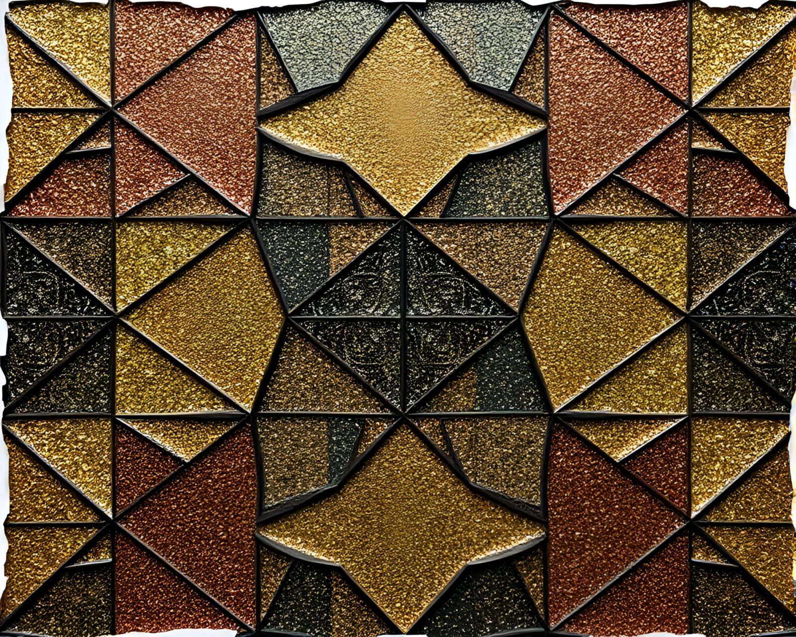 Intricate mosaic patterns with glitter light, torn edges, Escher-like theme