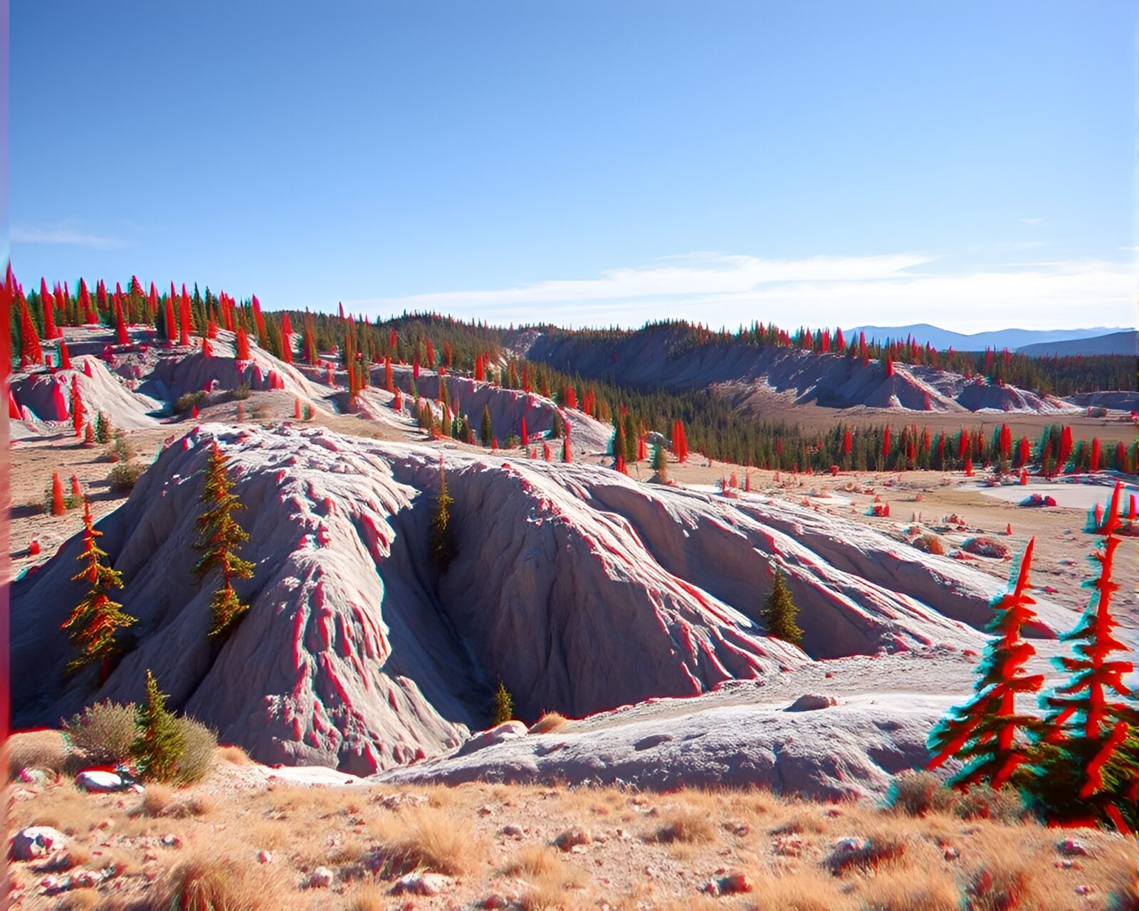 Colorful anaglyph 3D embroidery depicting geyser field with hard shadows