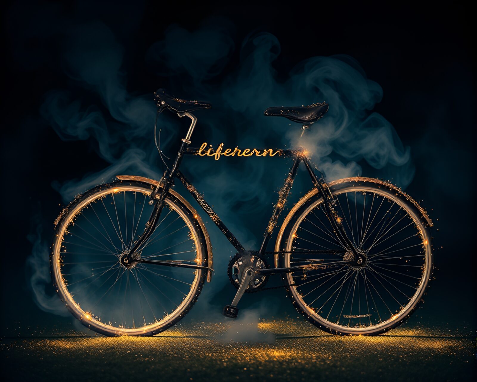 A magical bicycle surrounded by swirling smoke rings and shimmering calligraphy