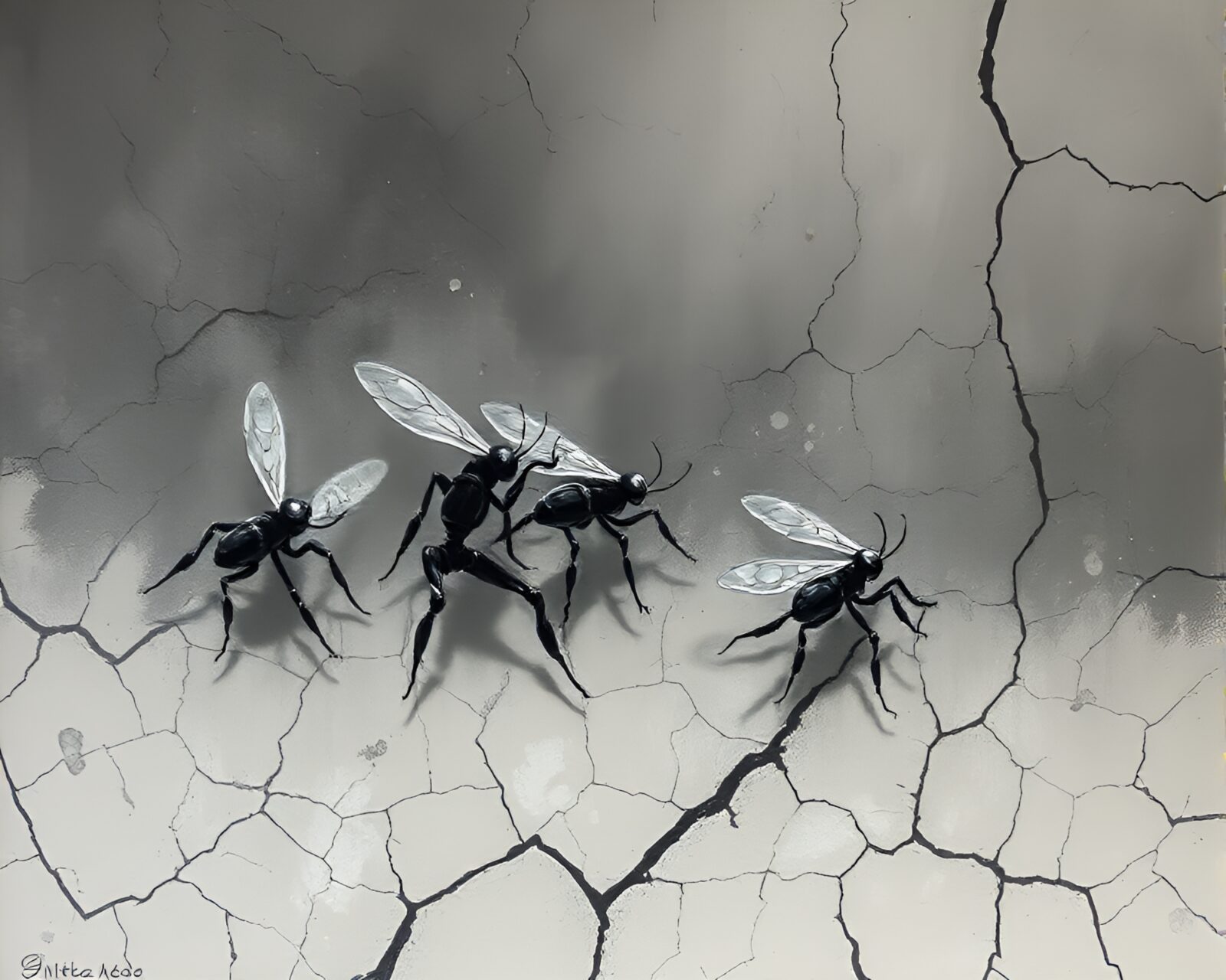 Graphite gray scene of nanobots over barren cracked soil