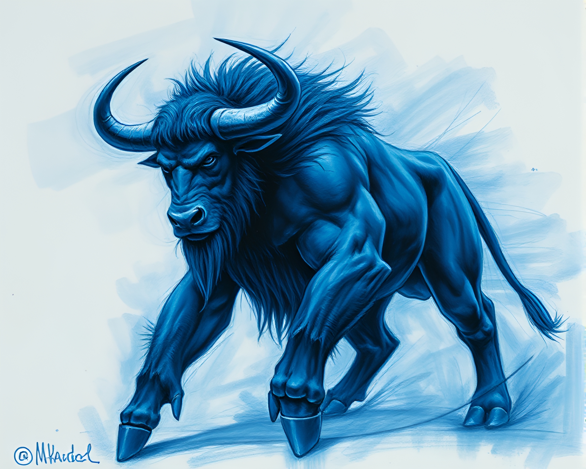 Minotaur in Steel-Blue Pastel Drawing with Film Burns – free AI stock image